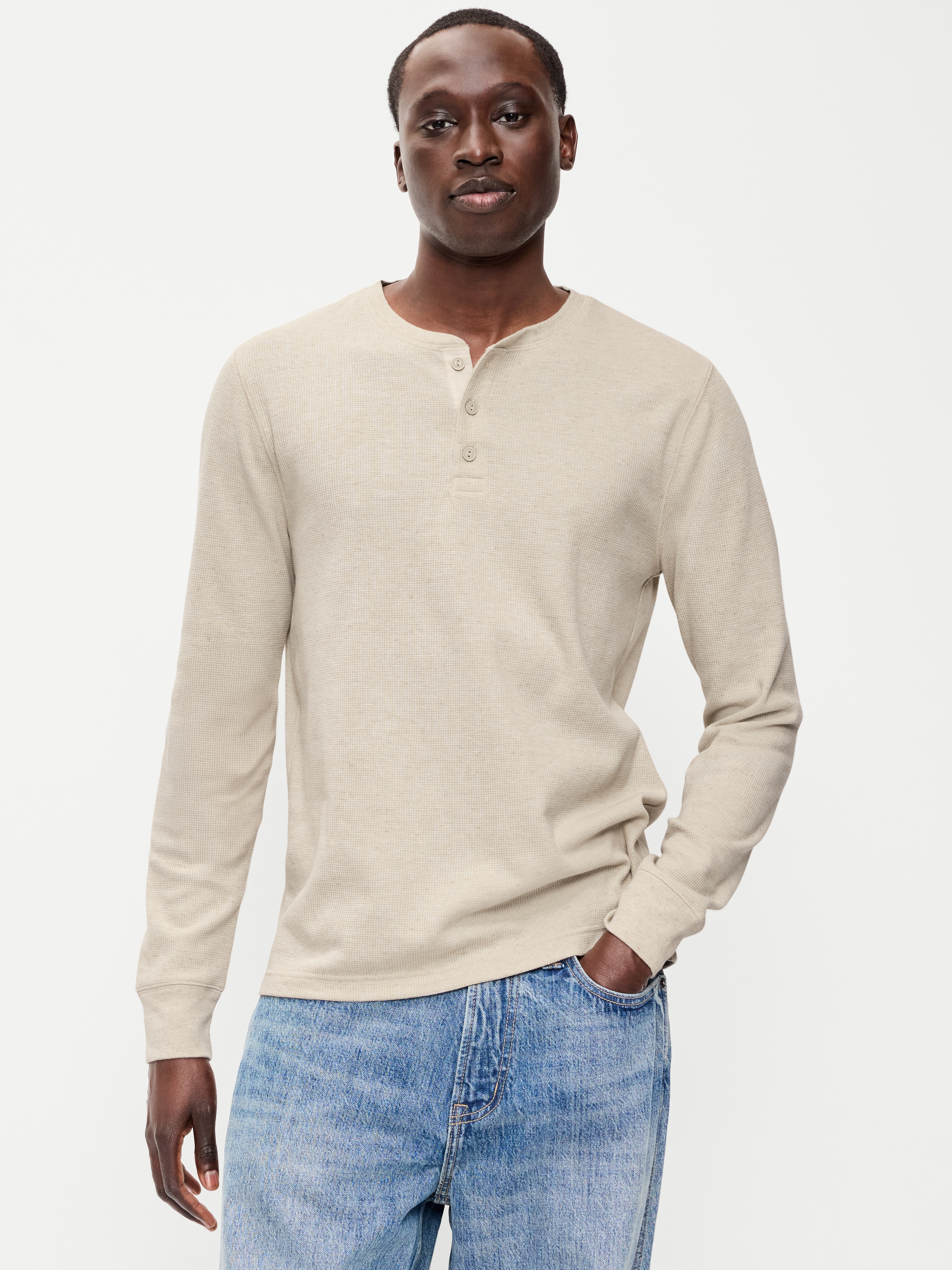Long-Sleeve Waffle Henley T-Shirt - Oatmeal - 1