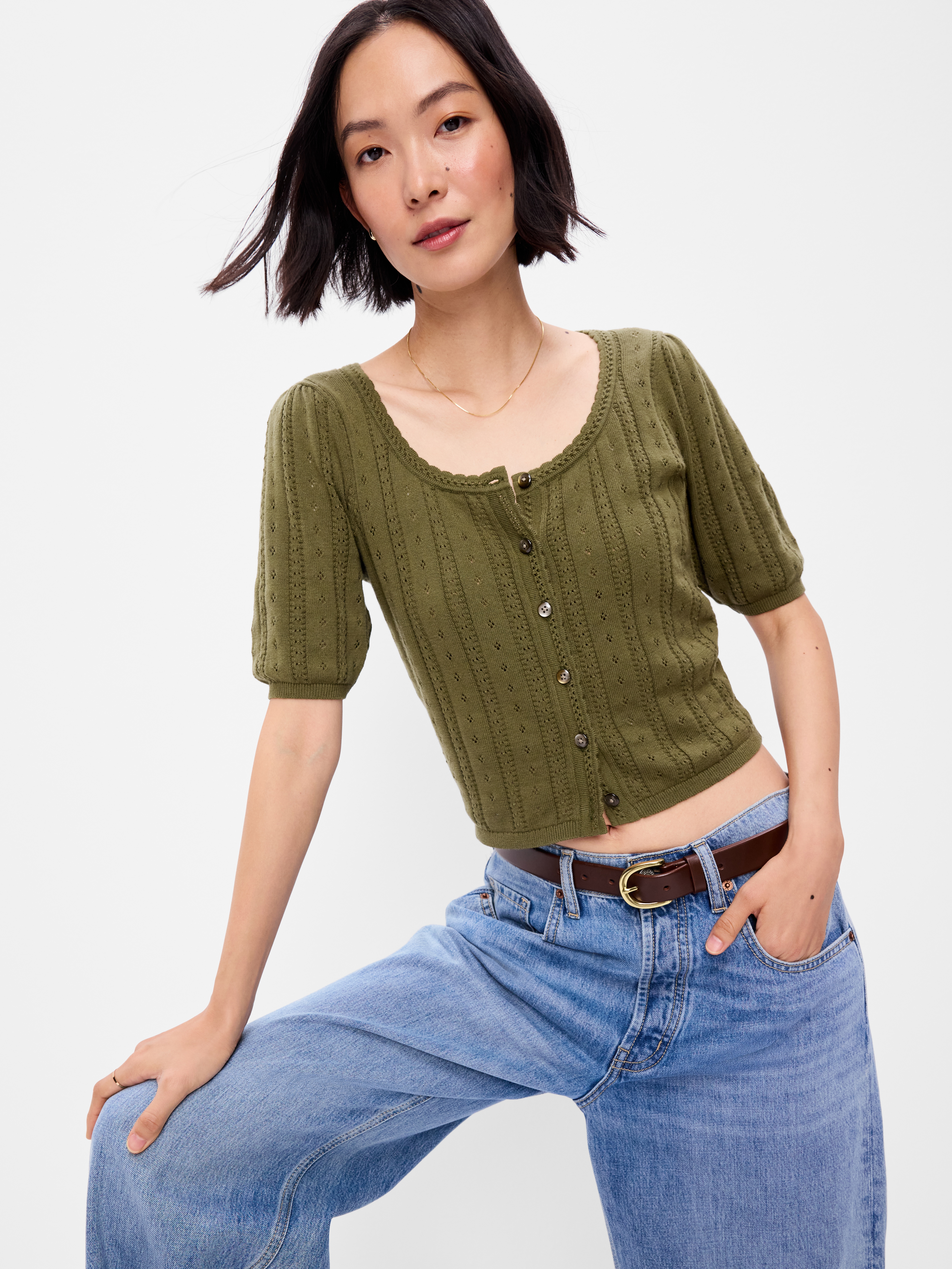 Seaside Cotton Short-Sleeve Button-Down Sweater - Hearthwood - 3