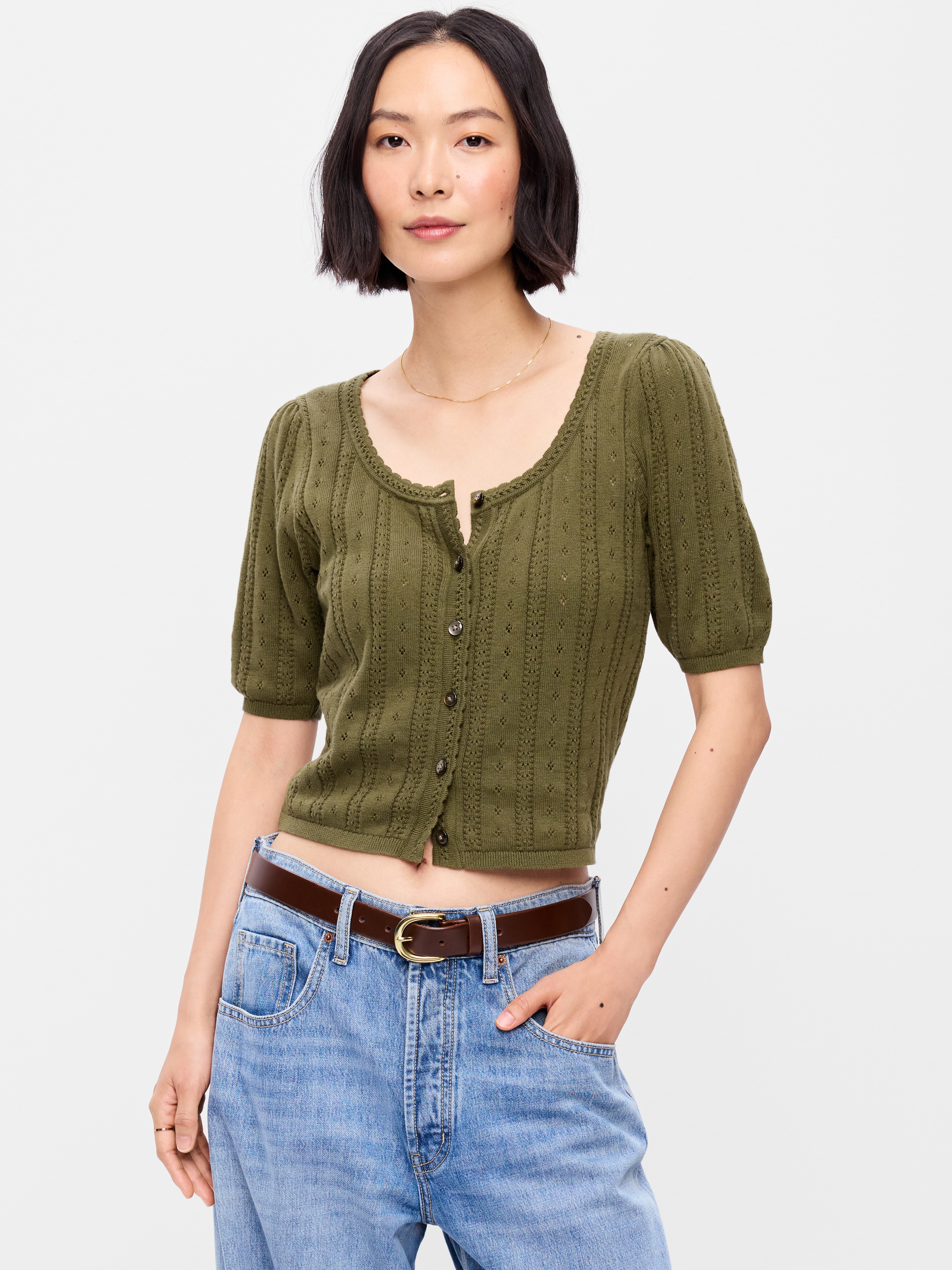 Seaside Cotton Short-Sleeve Button-Down Sweater - Hearthwood - 1