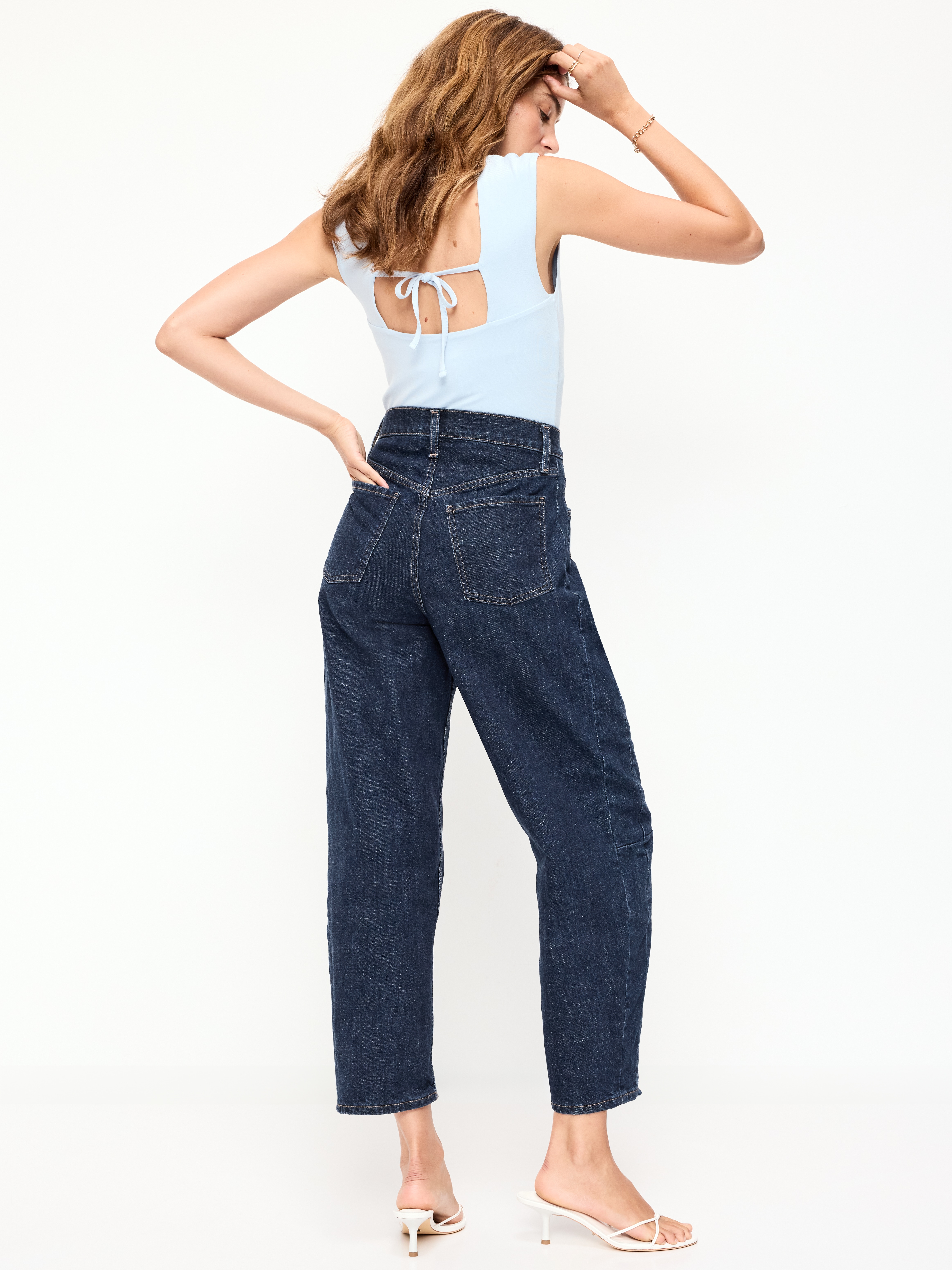 High-Waisted Baggy Barrel Ankle Jeans - Dark Wash - 3