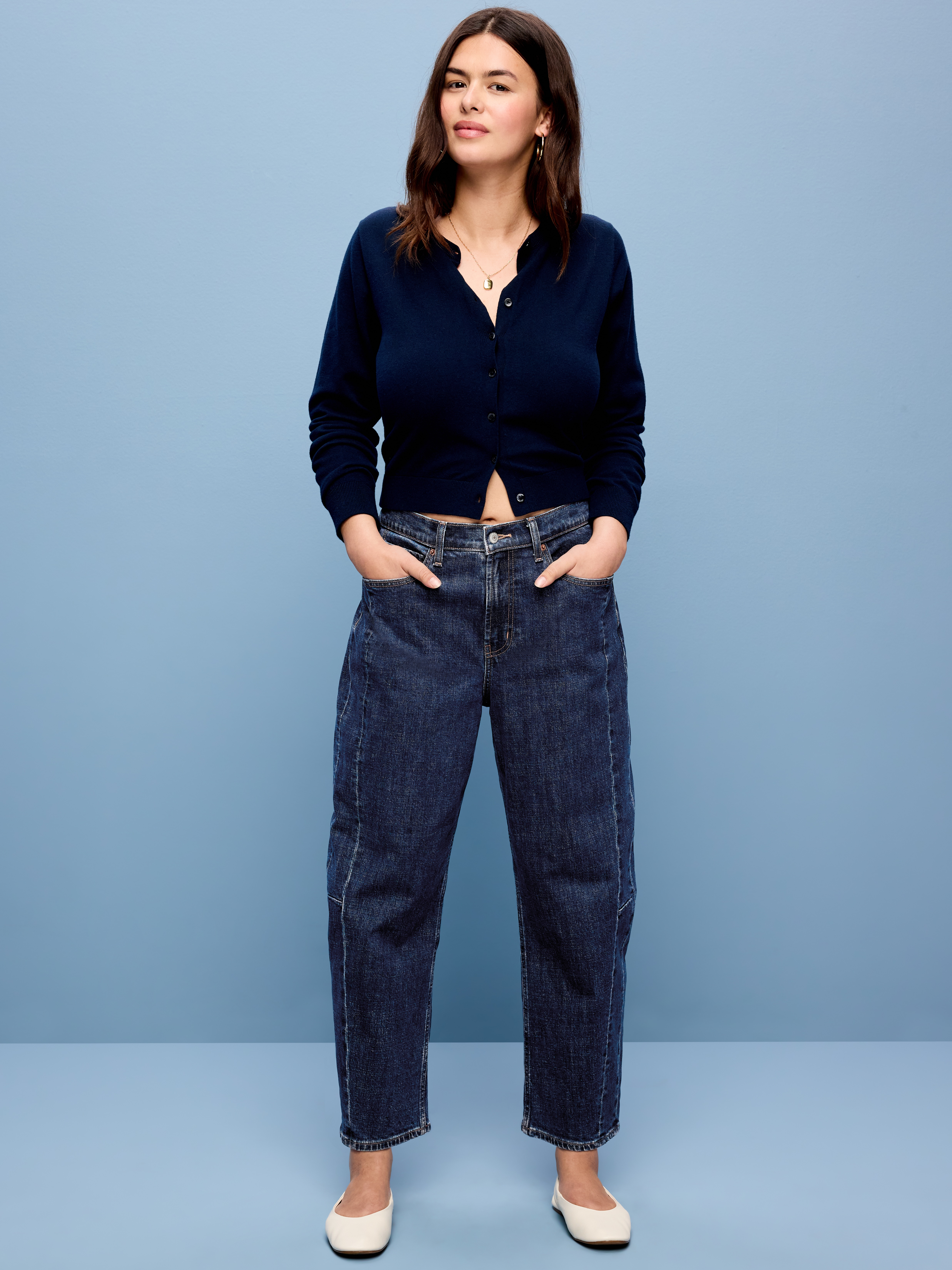 High-Waisted Baggy Barrel Ankle Jeans - Dark Wash - 4