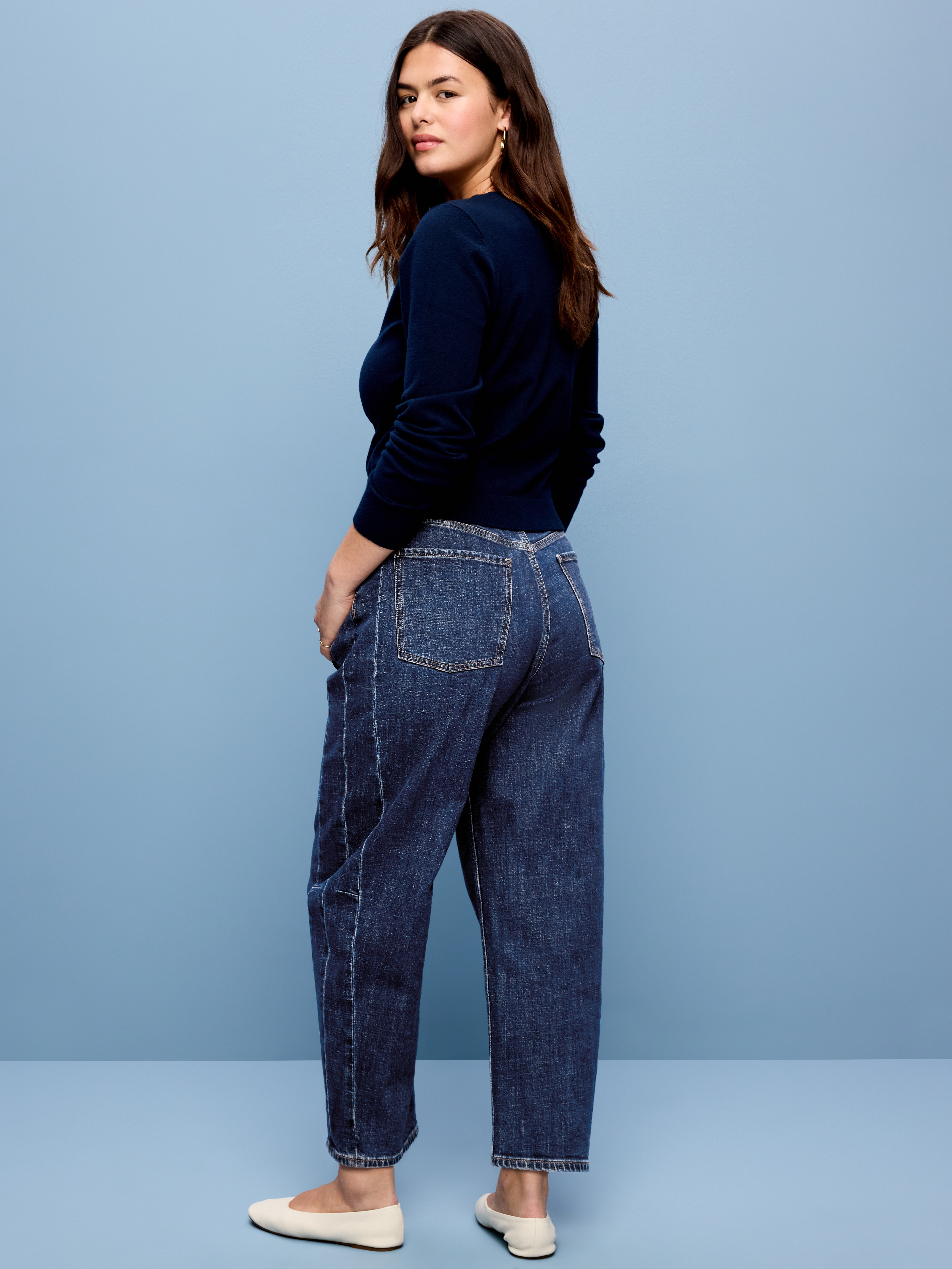 High-Waisted Baggy Barrel Ankle Jeans - Dark Wash - 5