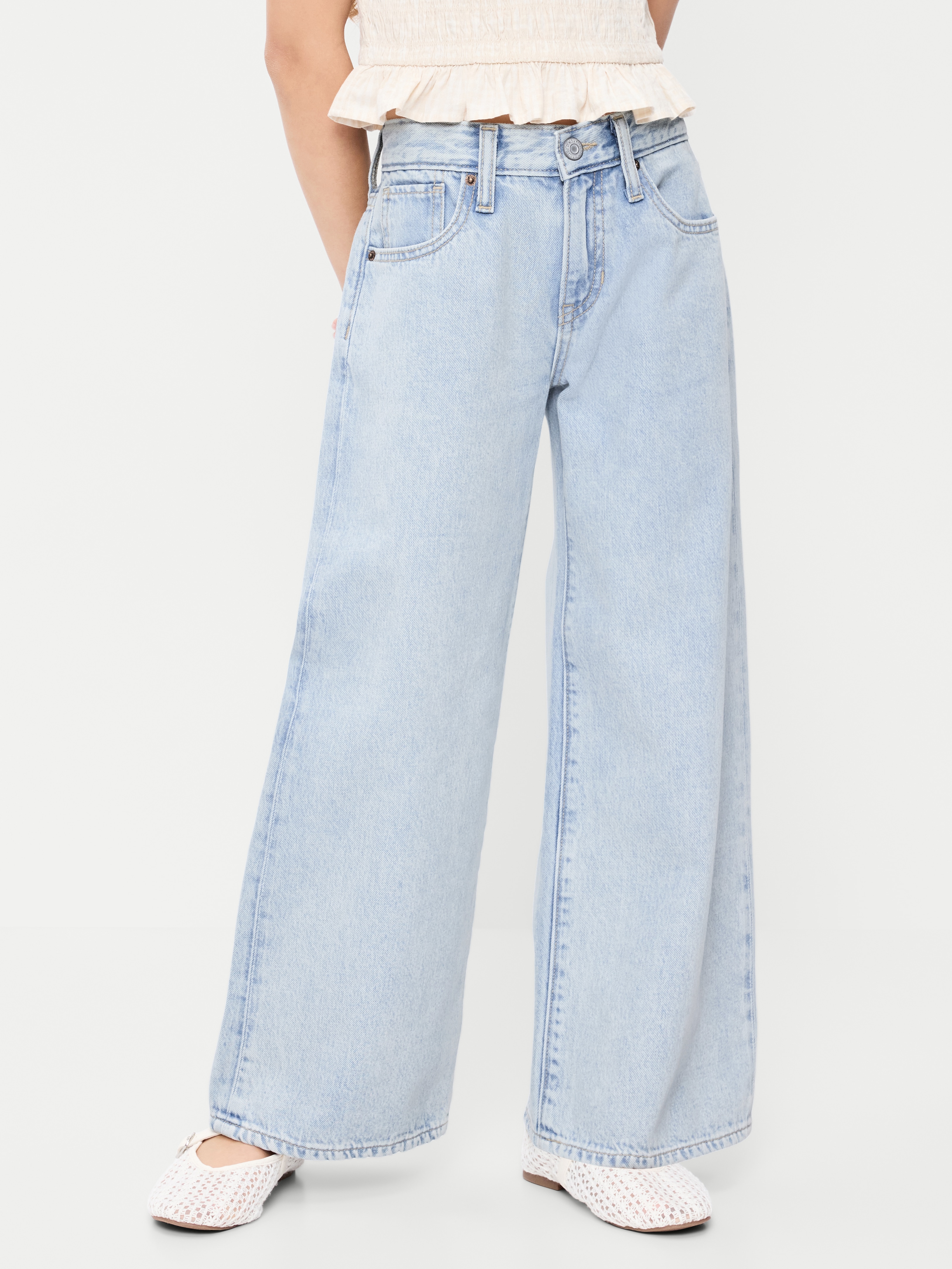 Super Baggy Wide-Leg Embroidered Jeans for Girls - Light Wash - 1