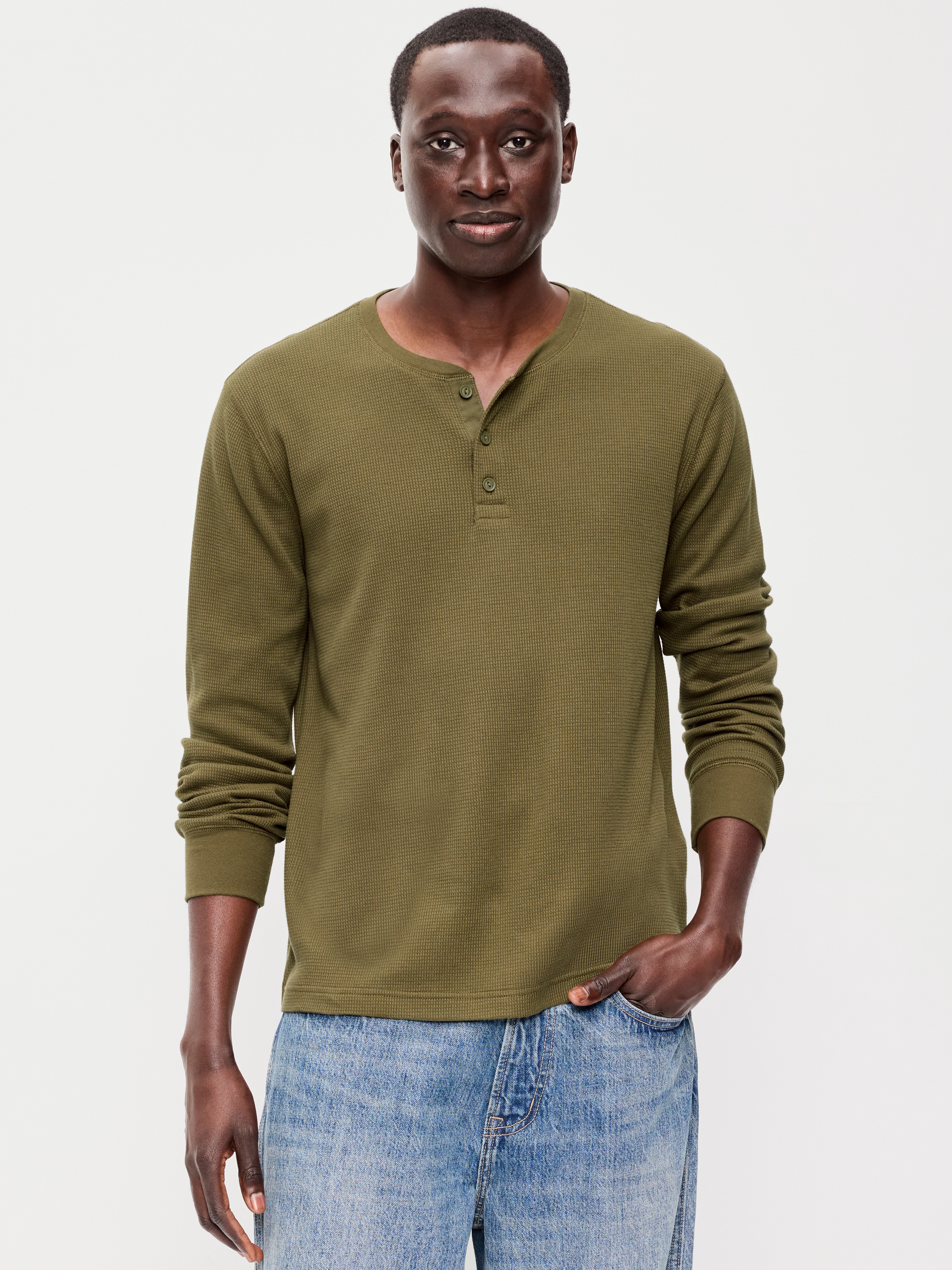 Long-Sleeve Waffle Henley T-Shirt - Jurassic Green - 1