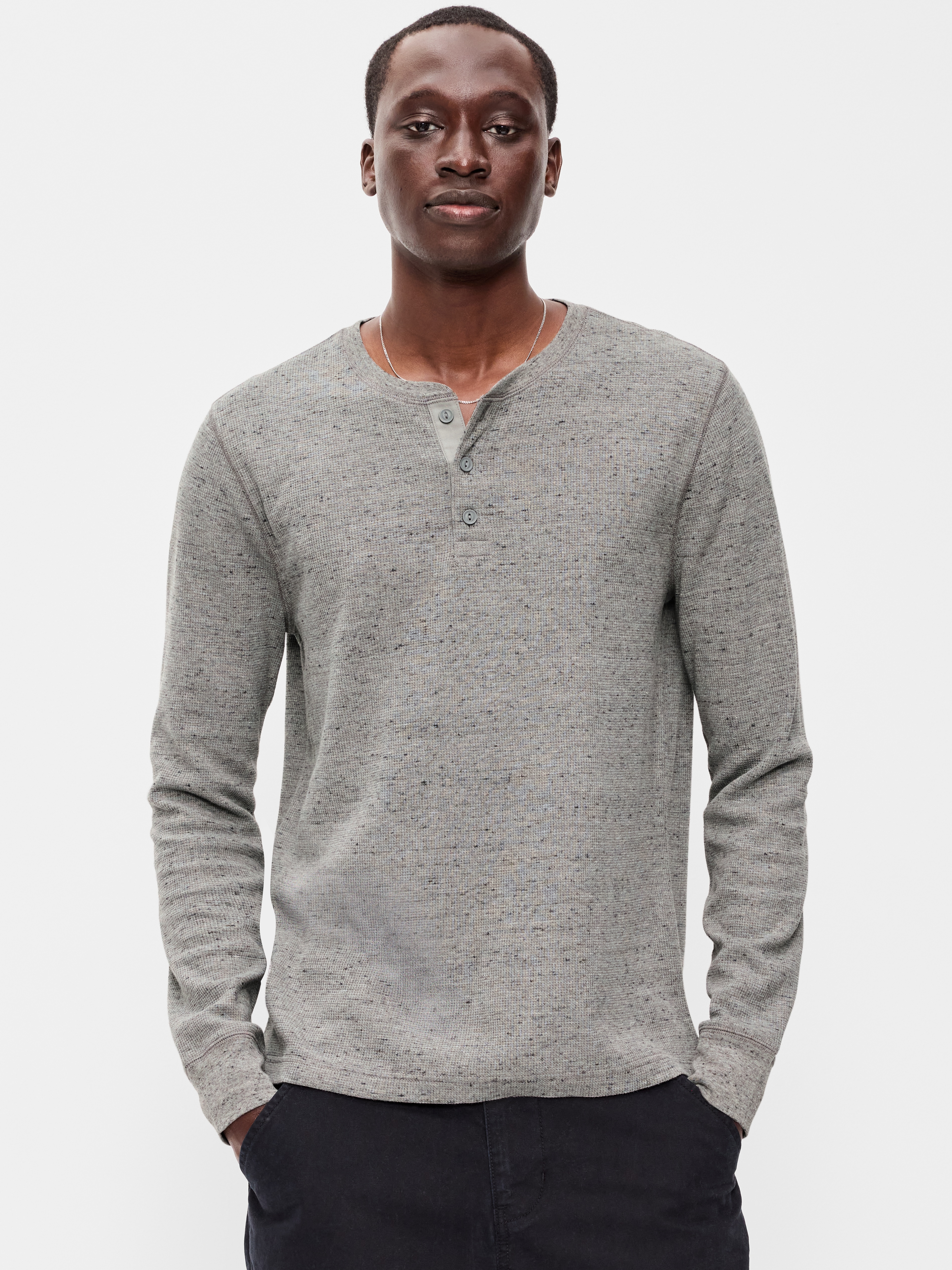Long-Sleeve Waffle Henley T-Shirt - Heather Gray - 1