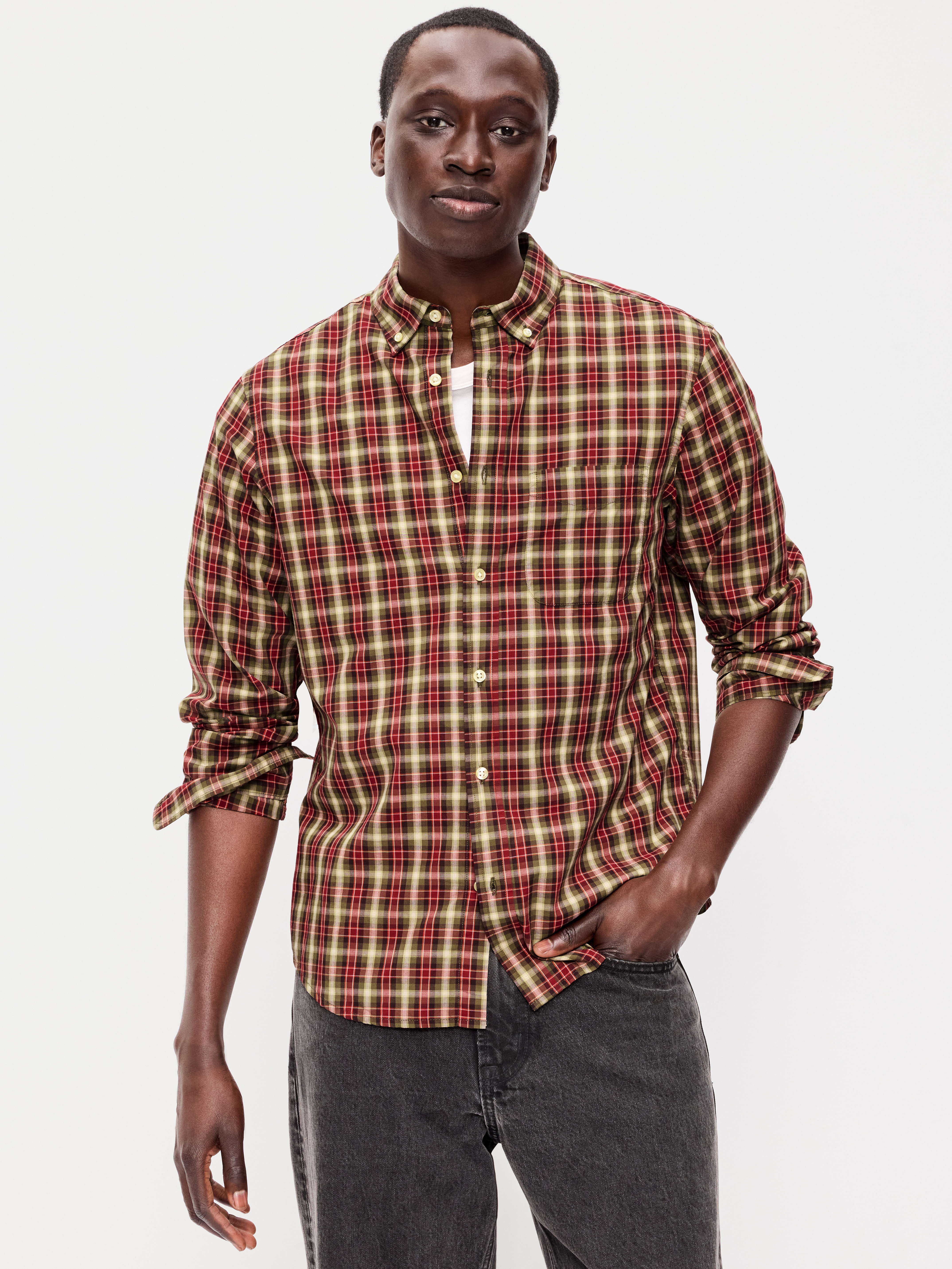 Classic Fit Everyday Oxford Shirt - Green Red Plaid - 1