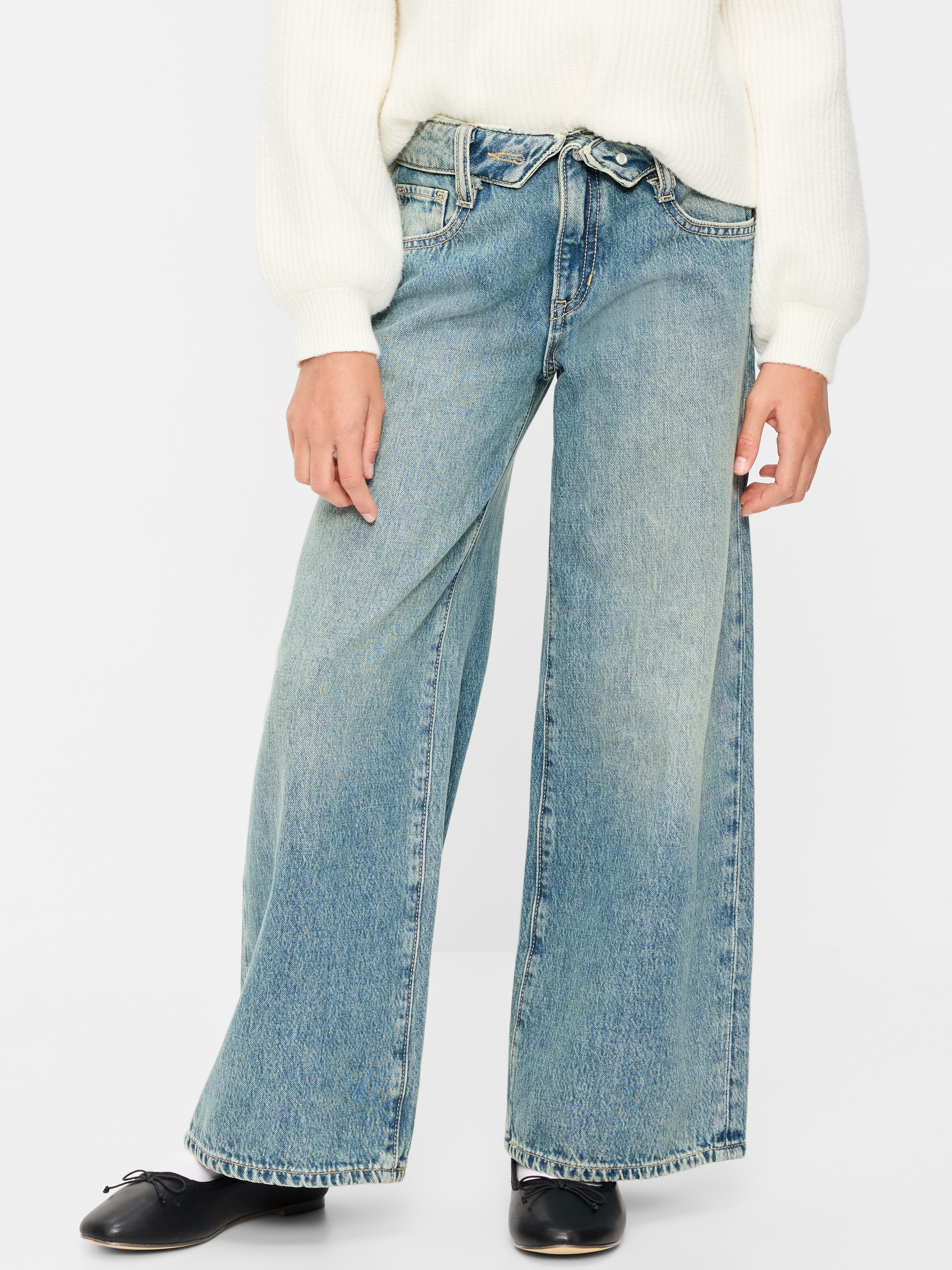 Super Baggy Wide-Leg Embroidered Jeans for Girls - Medium Wash - 1