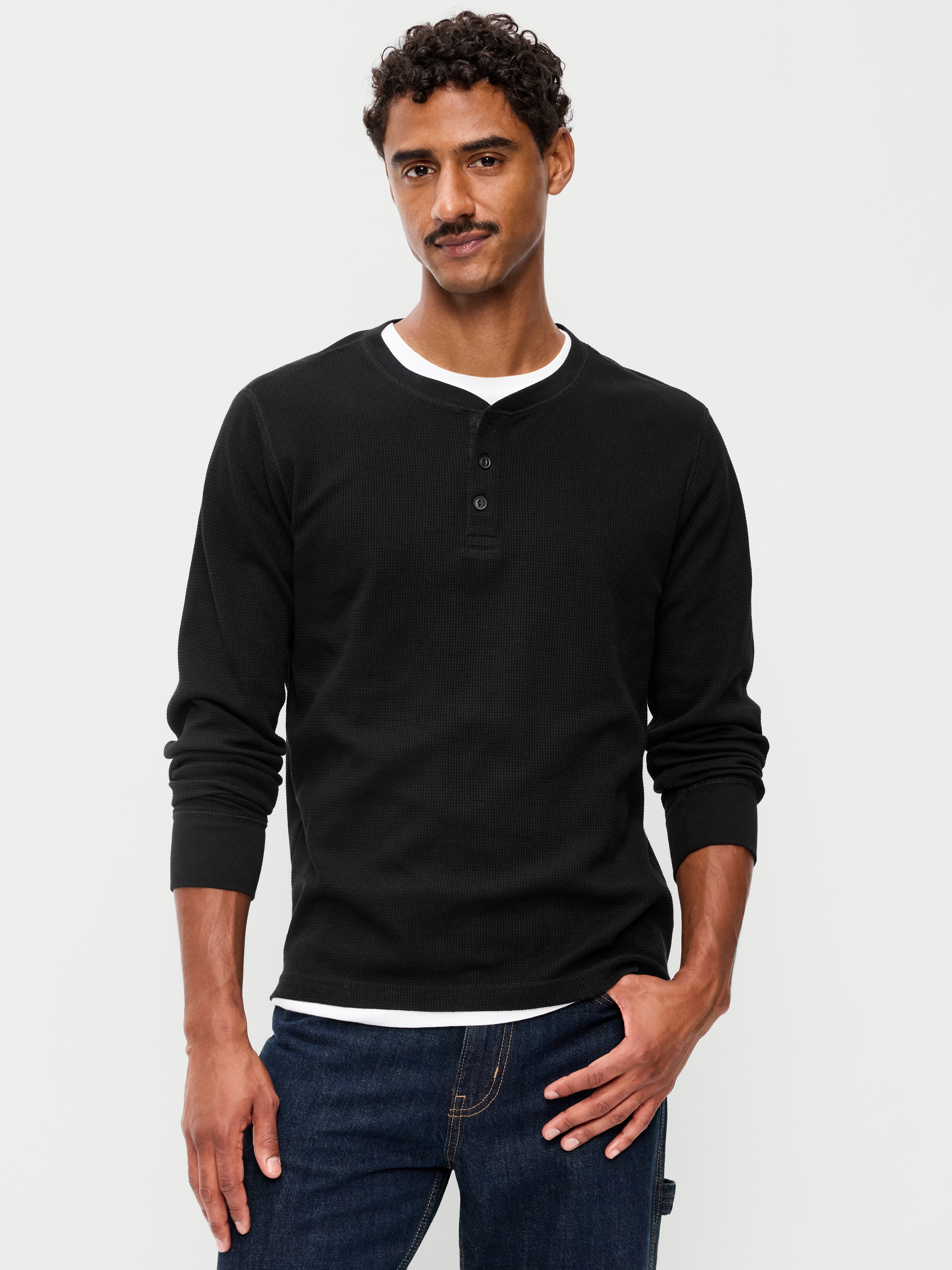 Long-Sleeve Waffle Henley T-Shirt - Black Jack - 1