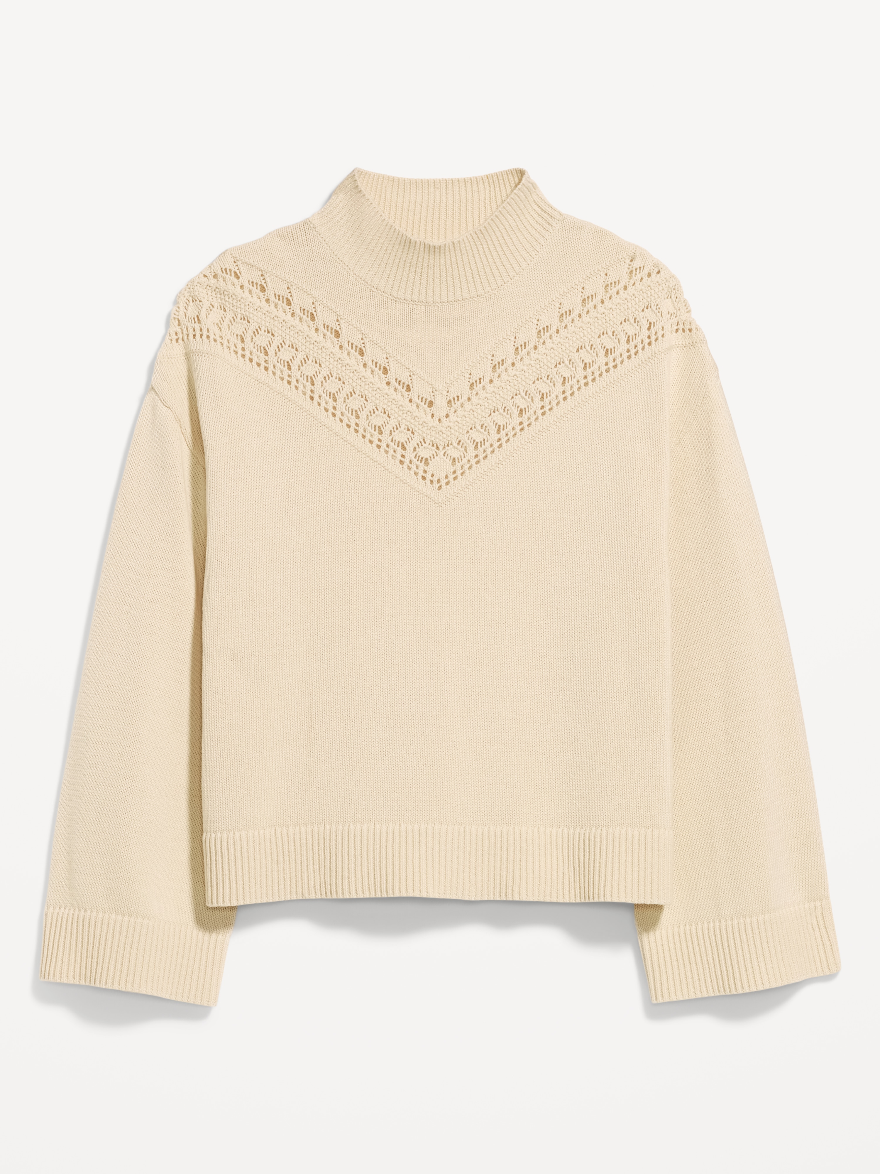 Seaside Cotton Mock-Neck Lace Inset Sweater - Wish Bone - 4