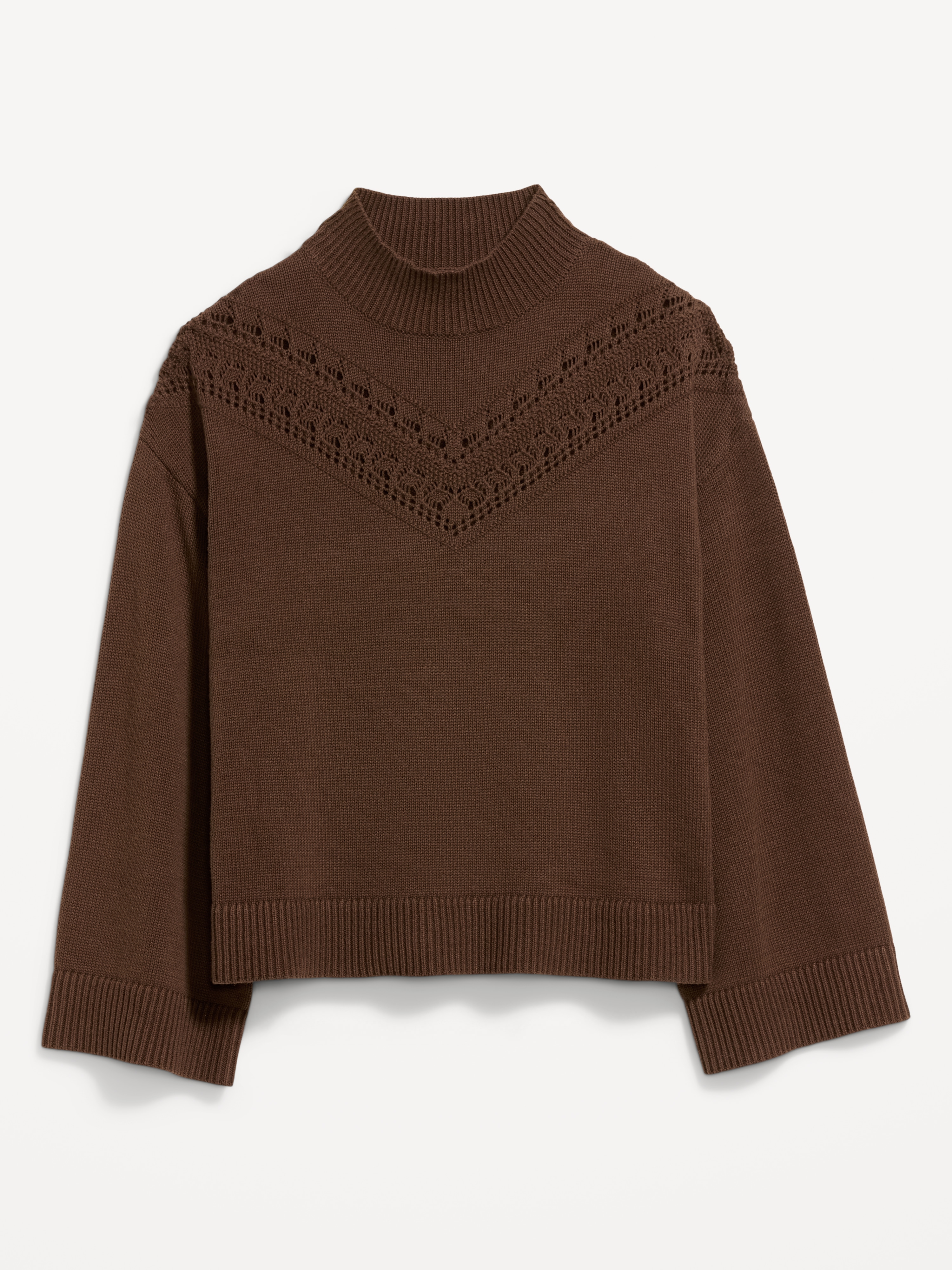 Seaside Cotton Mock-Neck Lace Inset Sweater - Earthen - 4