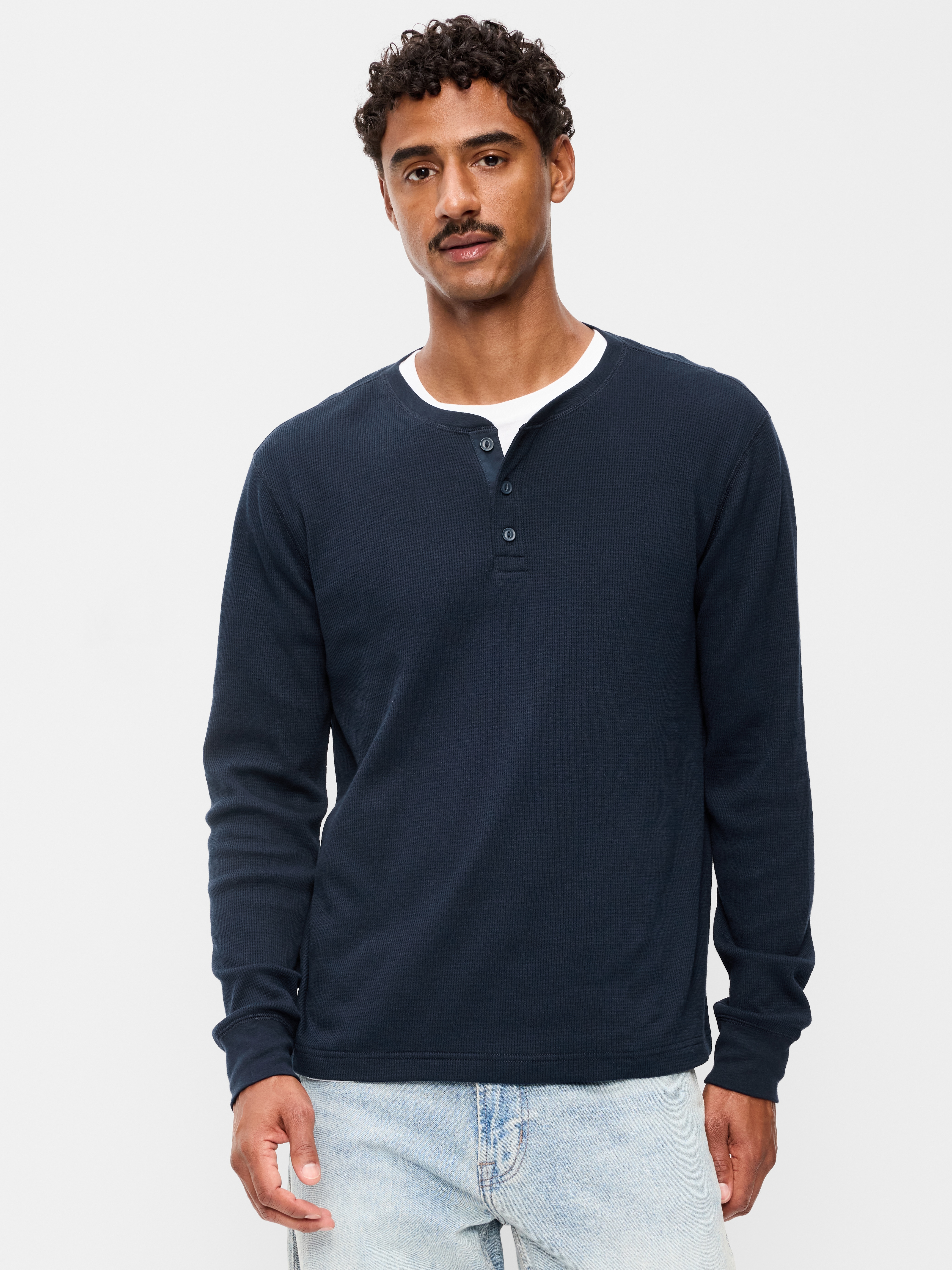 Long-Sleeve Waffle Henley T-Shirt - In the Navy - 1