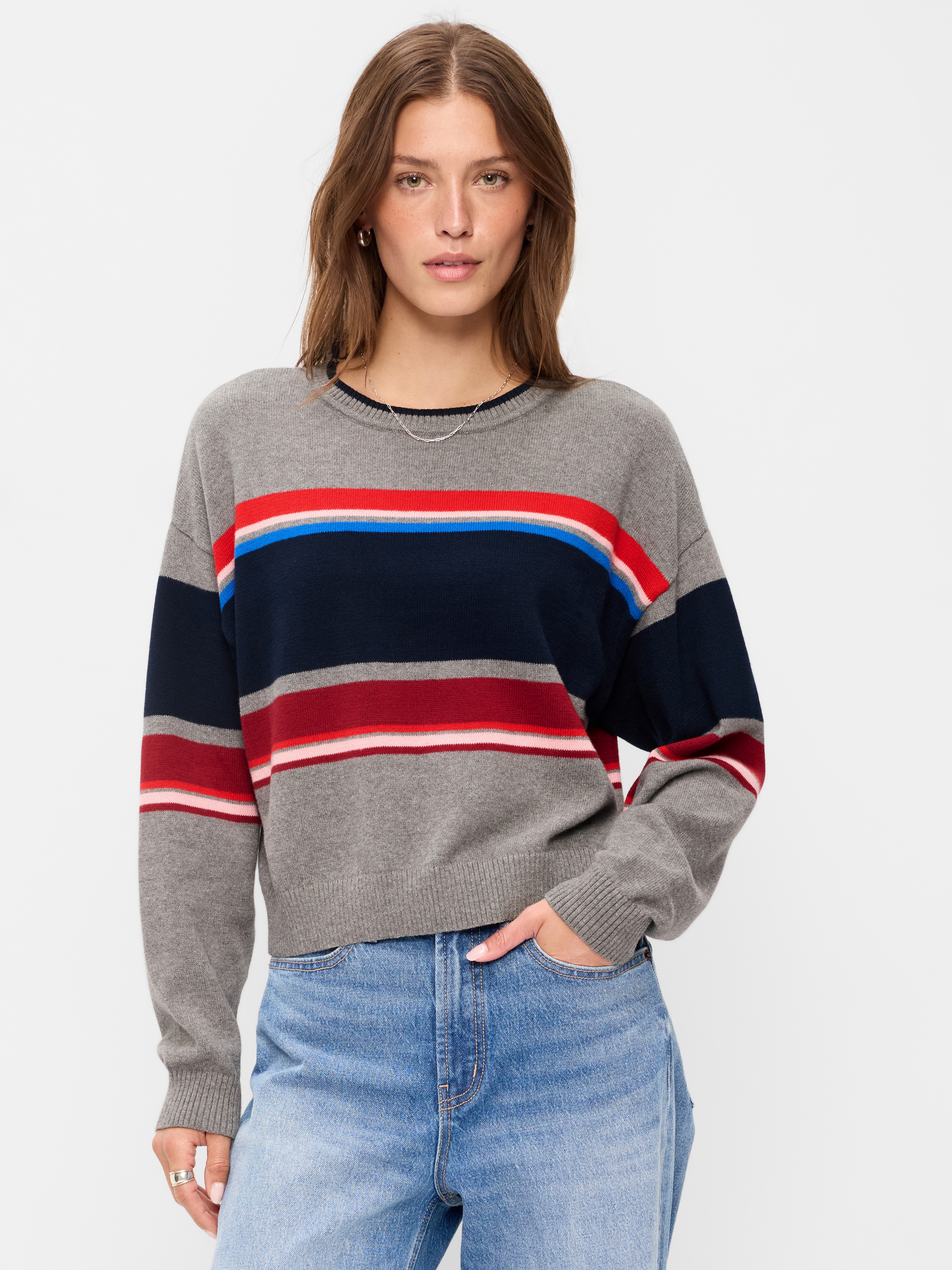 Cotton-Blend Crew-Neck Cropped Sweater - Gray Stripe - 1