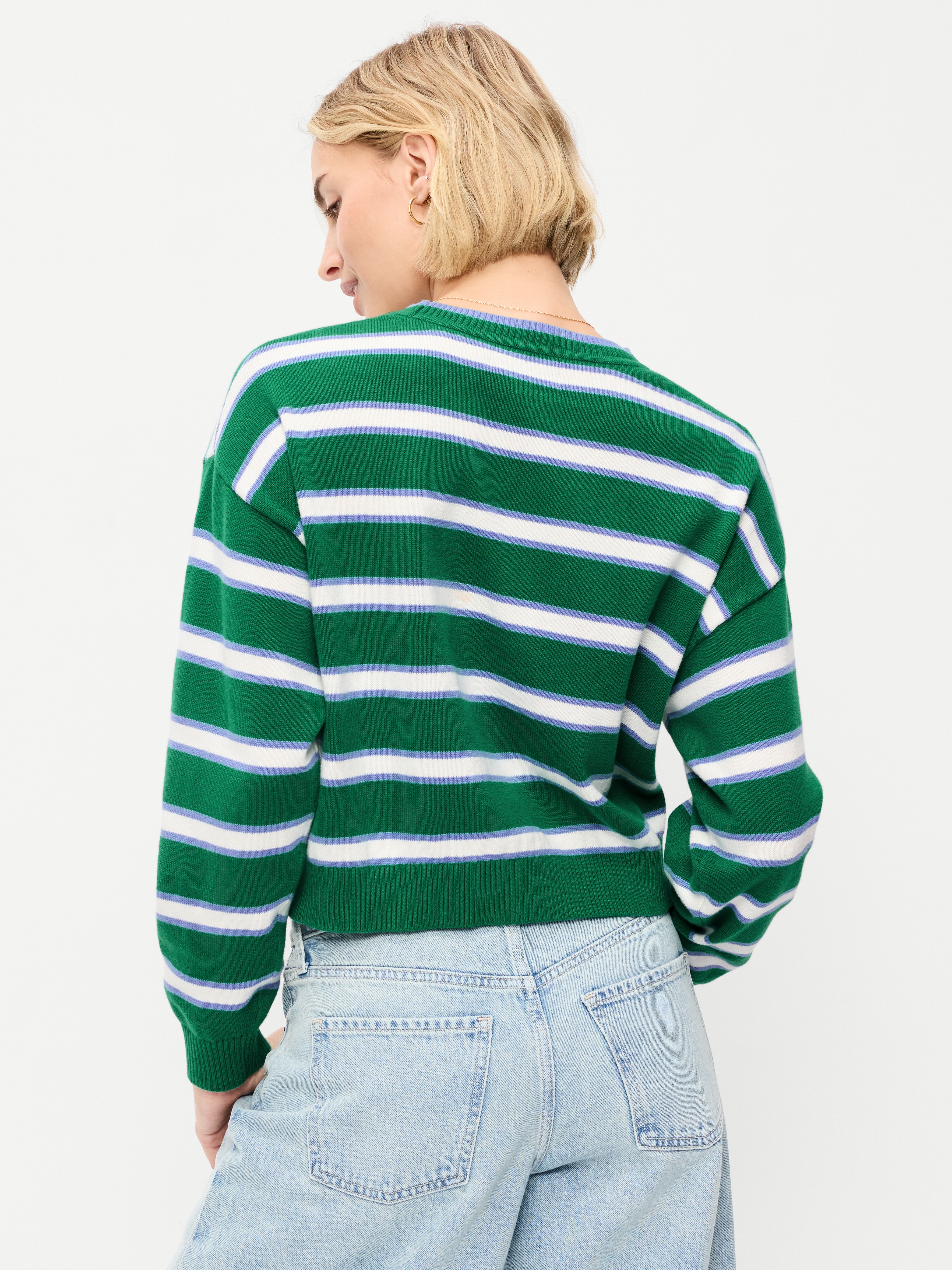 Cotton-Blend Crew-Neck Cropped Sweater - Green Stripe - 2