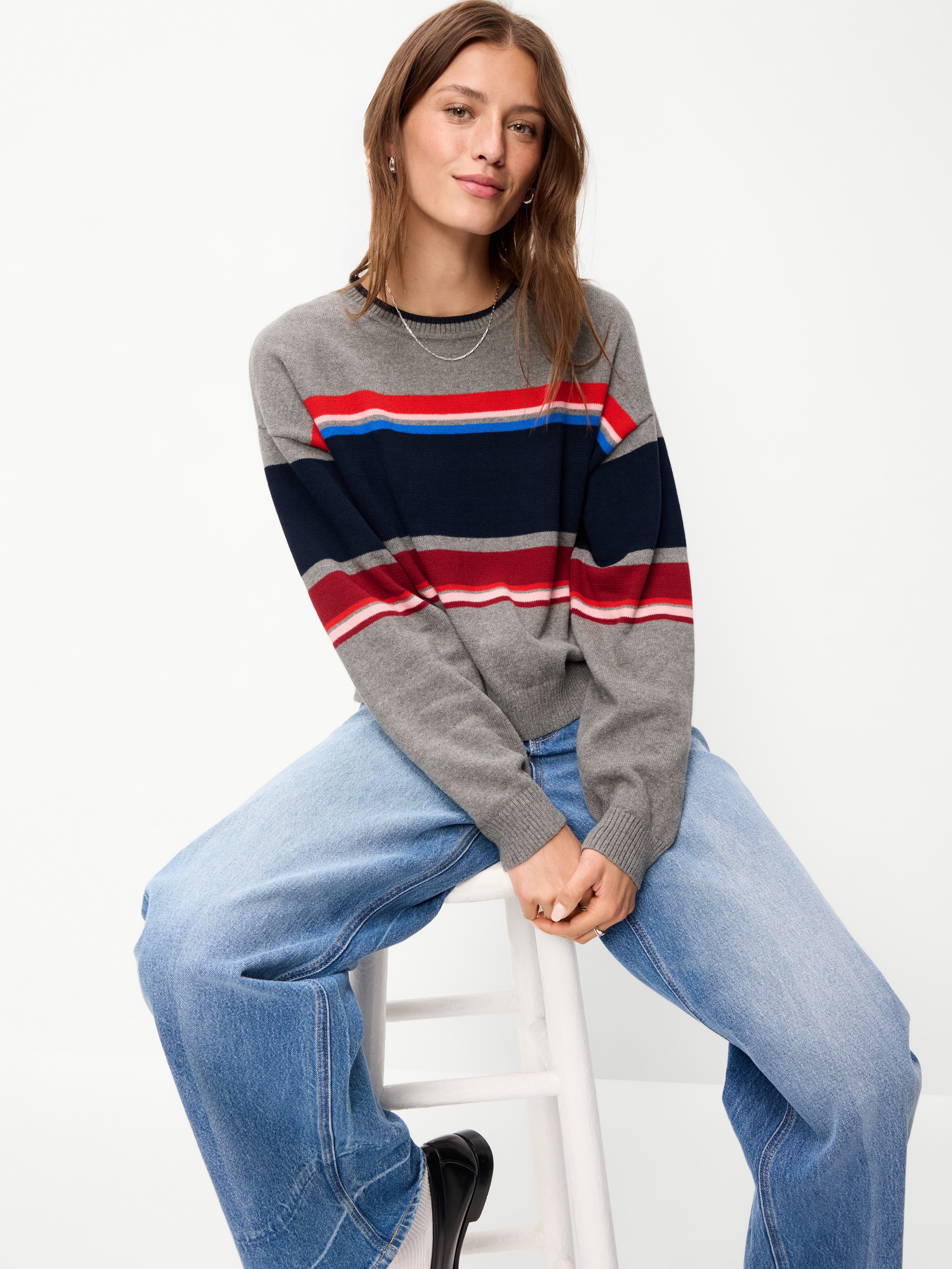 Cotton-Blend Crew-Neck Cropped Sweater - Gray Stripe - 3
