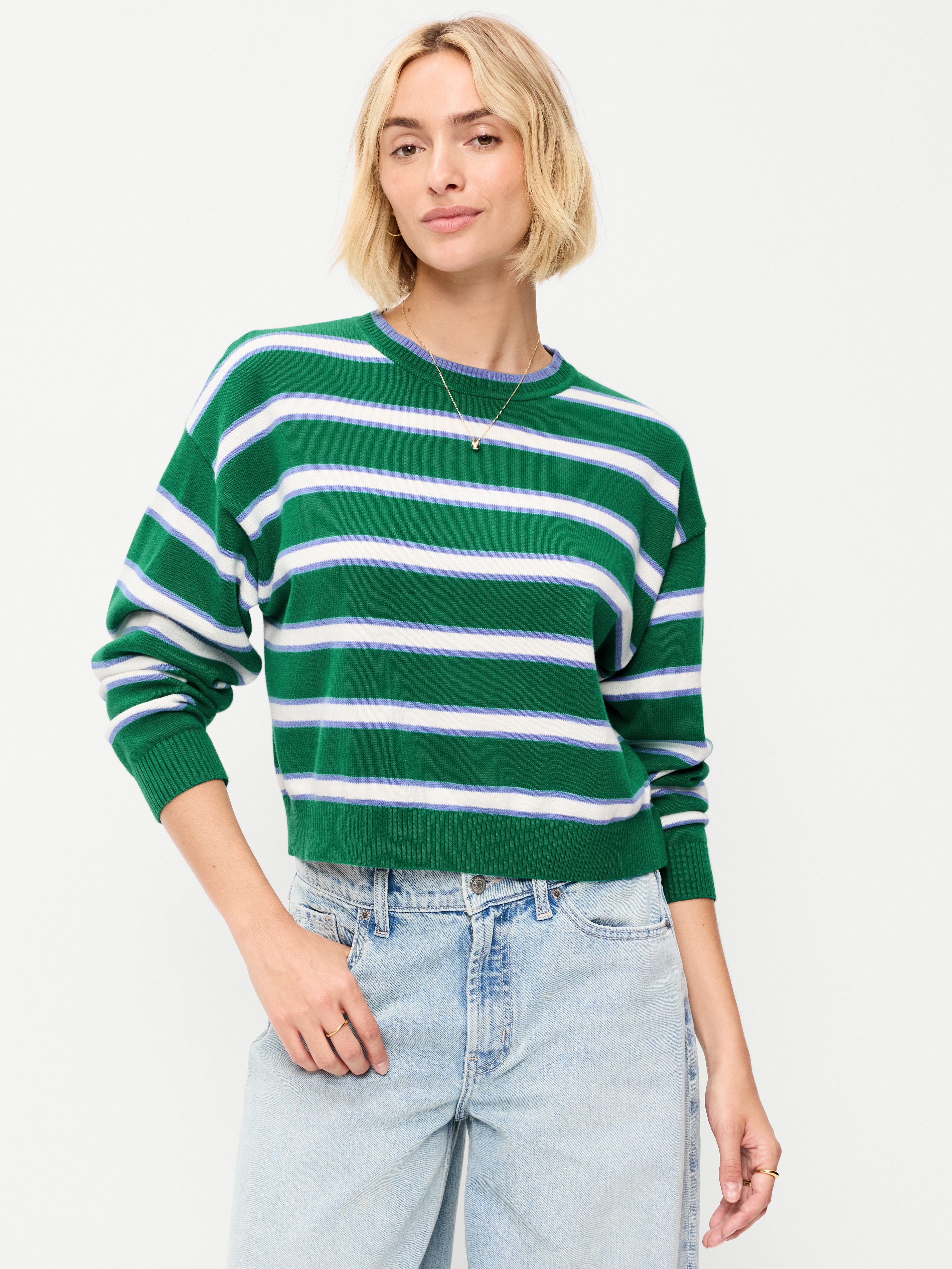 Cotton-Blend Crew-Neck Cropped Sweater - Green Stripe - 1