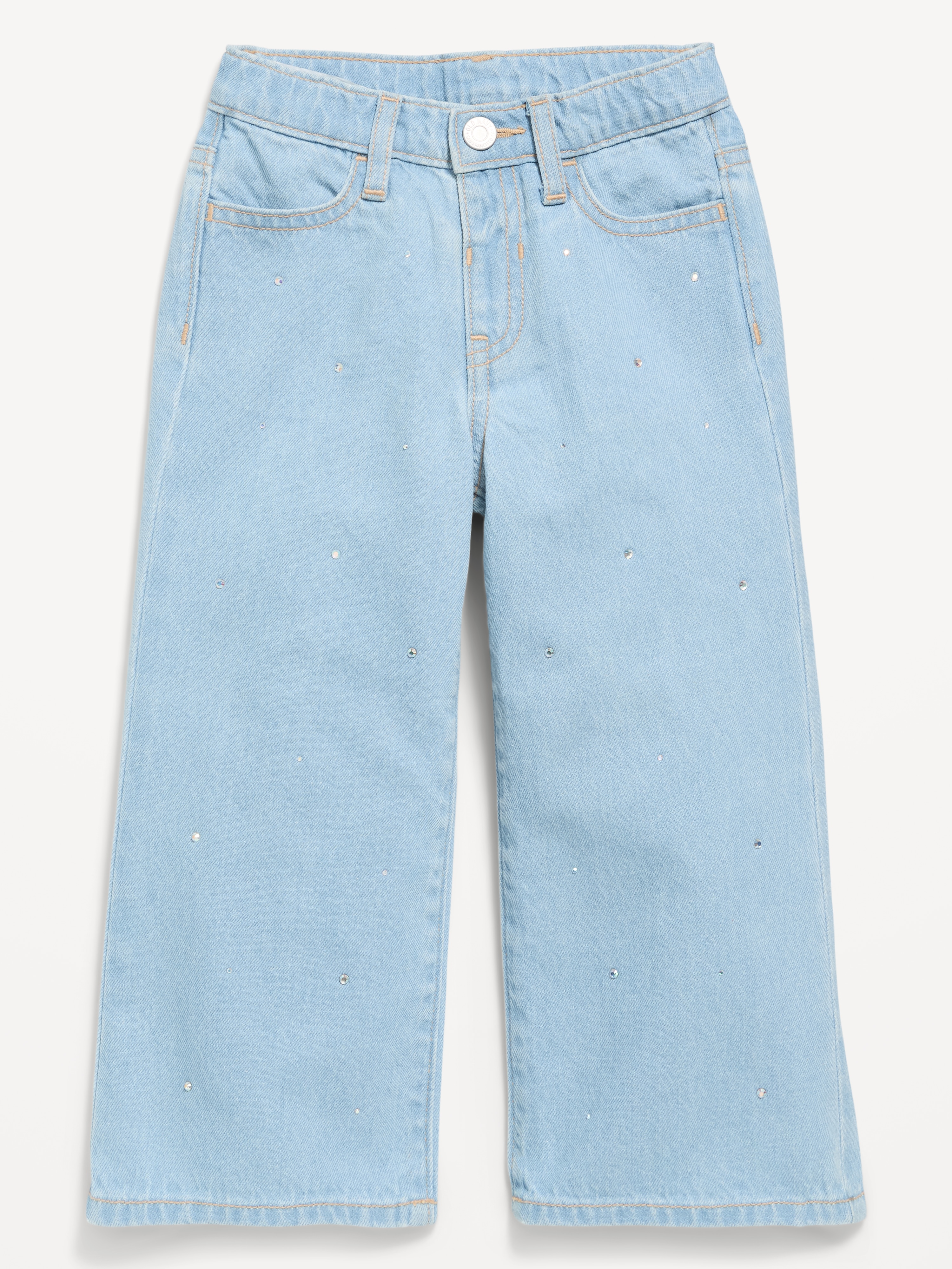 Super Baggy Lace-Trim Wide-Leg Jeans for Toddler Girls - Light Wash (Rhinestones) - 1