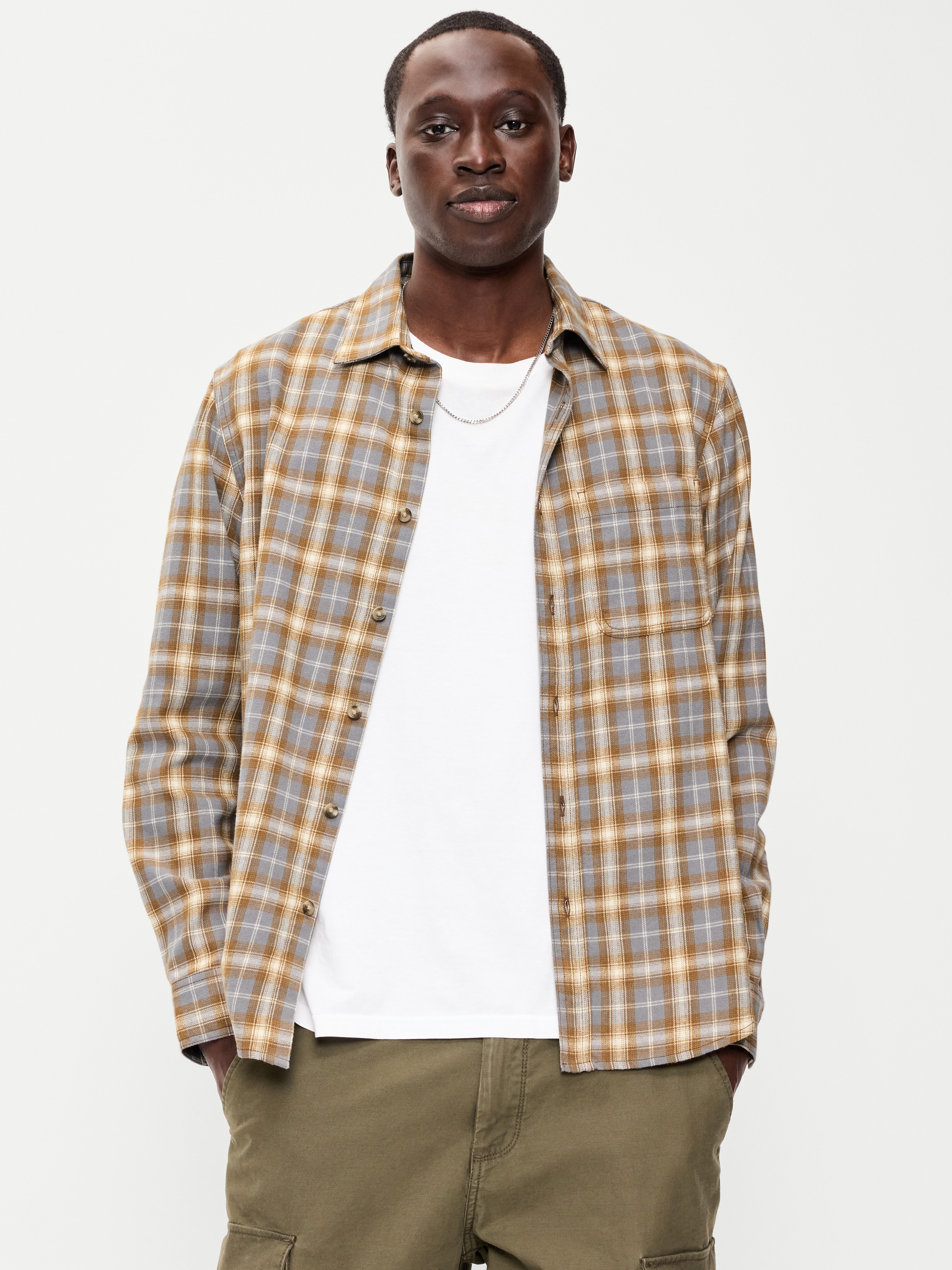 Relaxed Long-Sleeve Flannel Pocket Shirt - Grayscale - 1