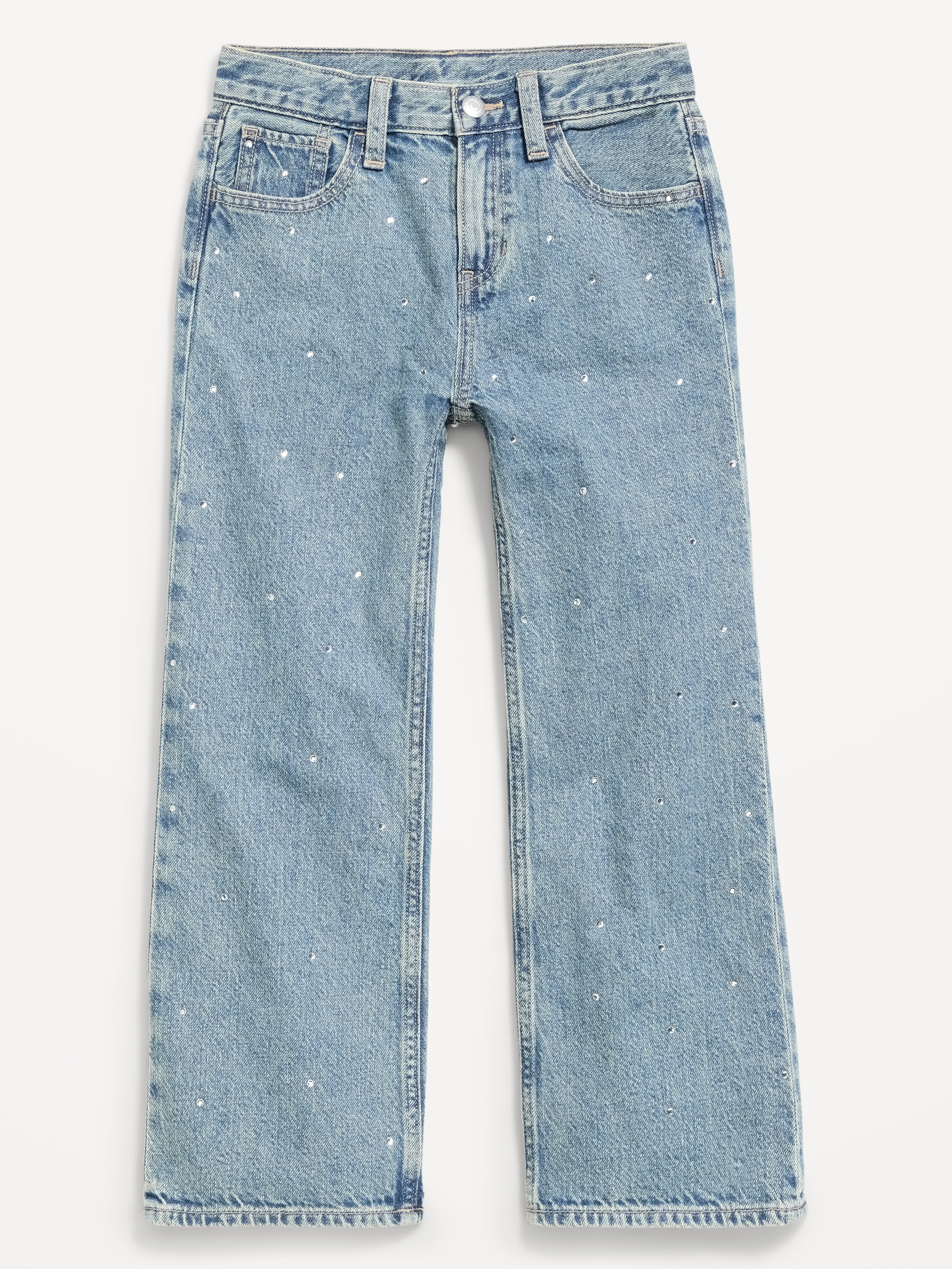 Printed High-Waisted Baggy Wide-Leg Jeans for Girls - Light Wash (Rhinestones) - 4