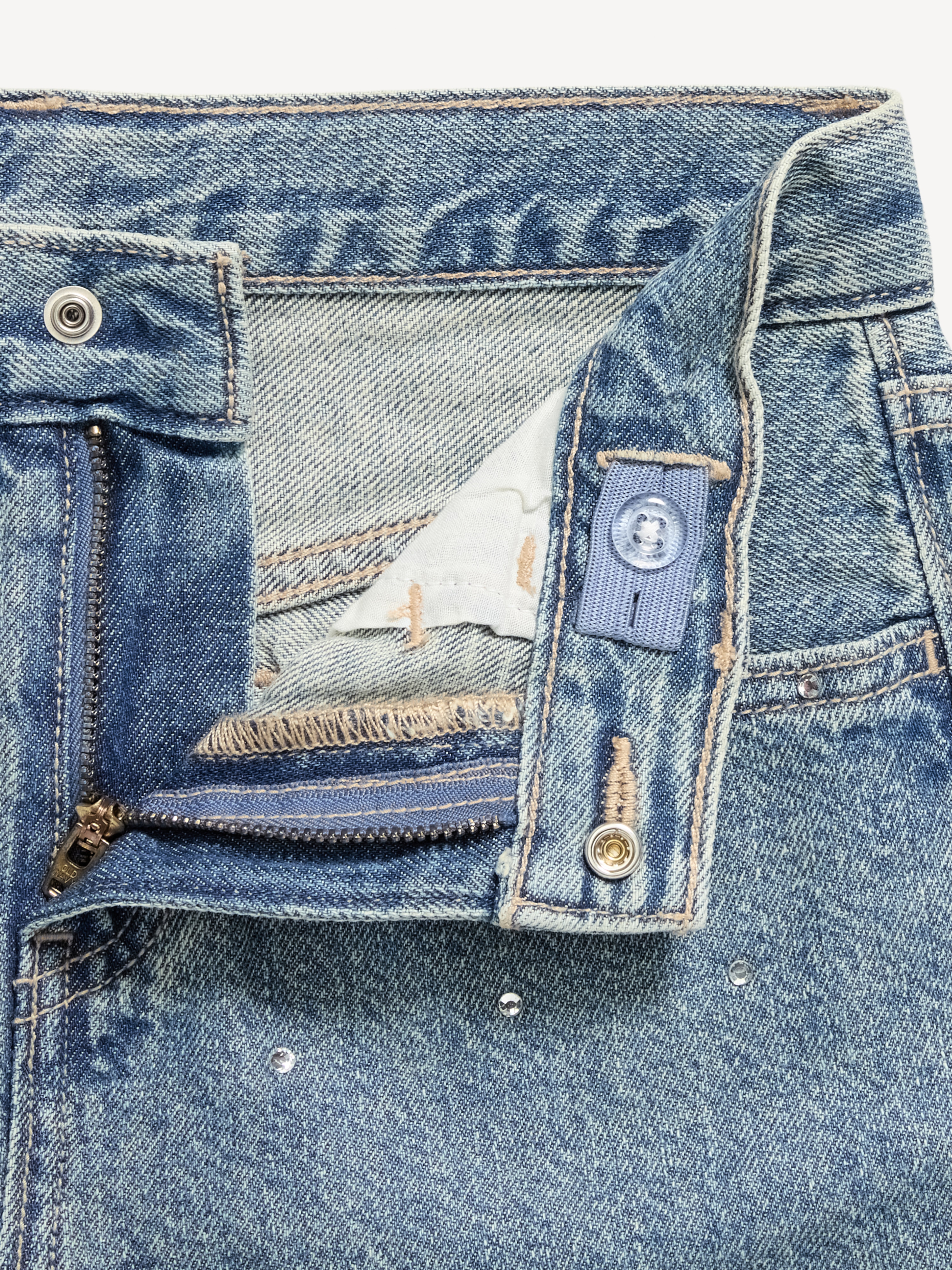 Printed High-Waisted Baggy Wide-Leg Jeans for Girls - Light Wash (Rhinestones) - 5