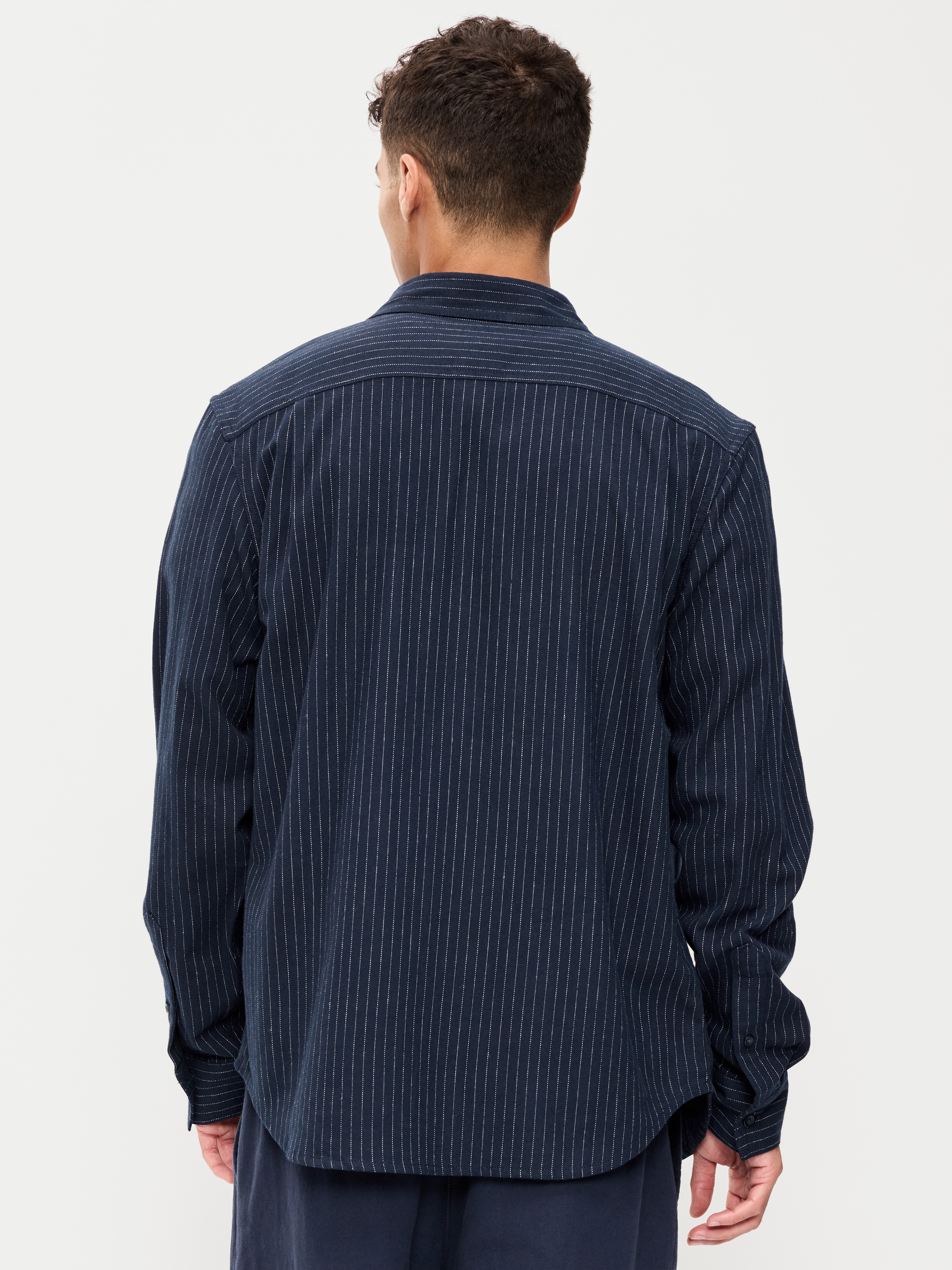 Relaxed Long-Sleeve Flannel Pocket Shirt - Navy Stripe - 2