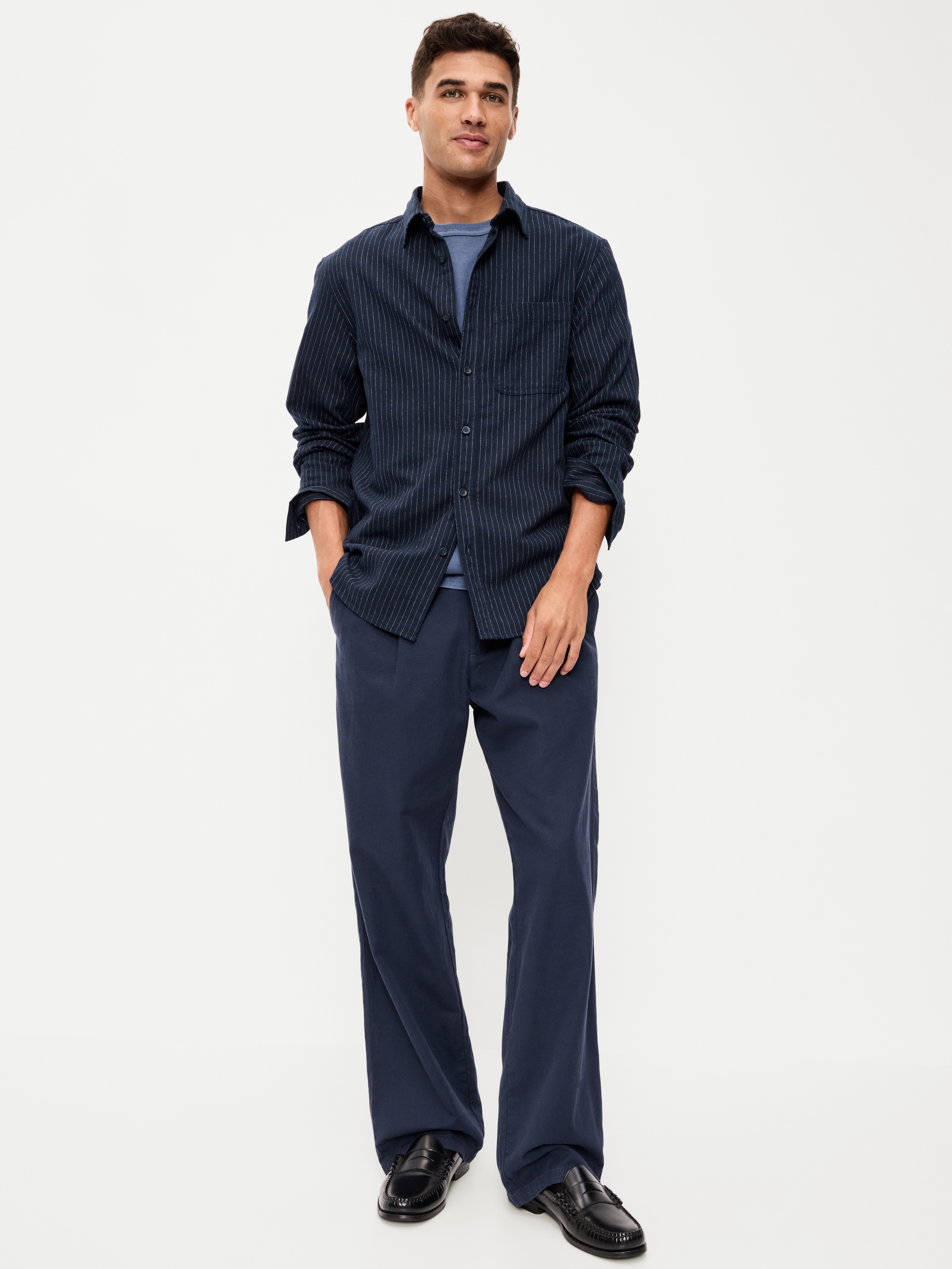 Relaxed Long-Sleeve Flannel Pocket Shirt - Navy Stripe - 3