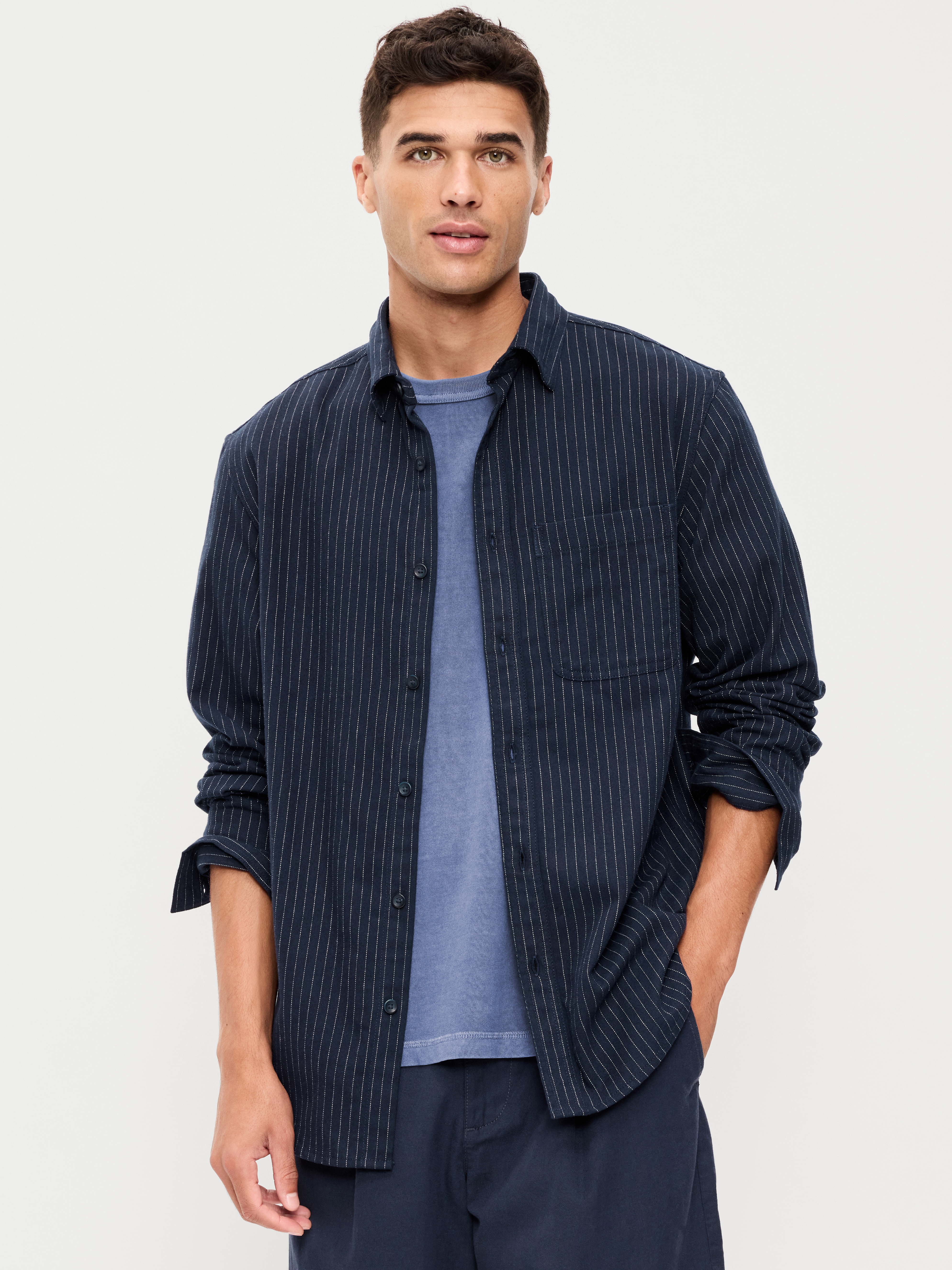 Relaxed Long-Sleeve Flannel Pocket Shirt - Navy Stripe - 1