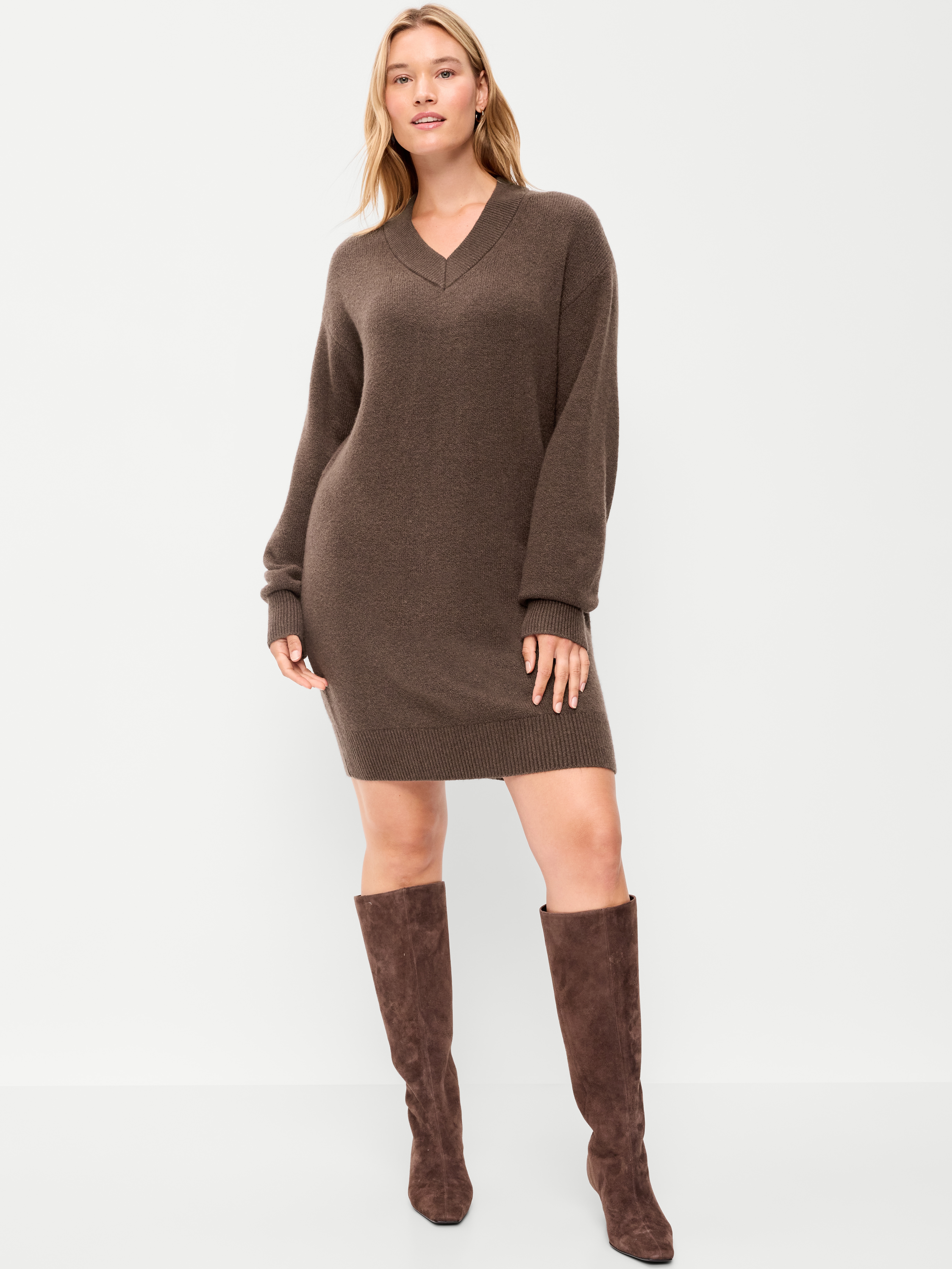 SoSoft Long-Sleeve V-Neck Mini Sweater Dress - Earthen - 6