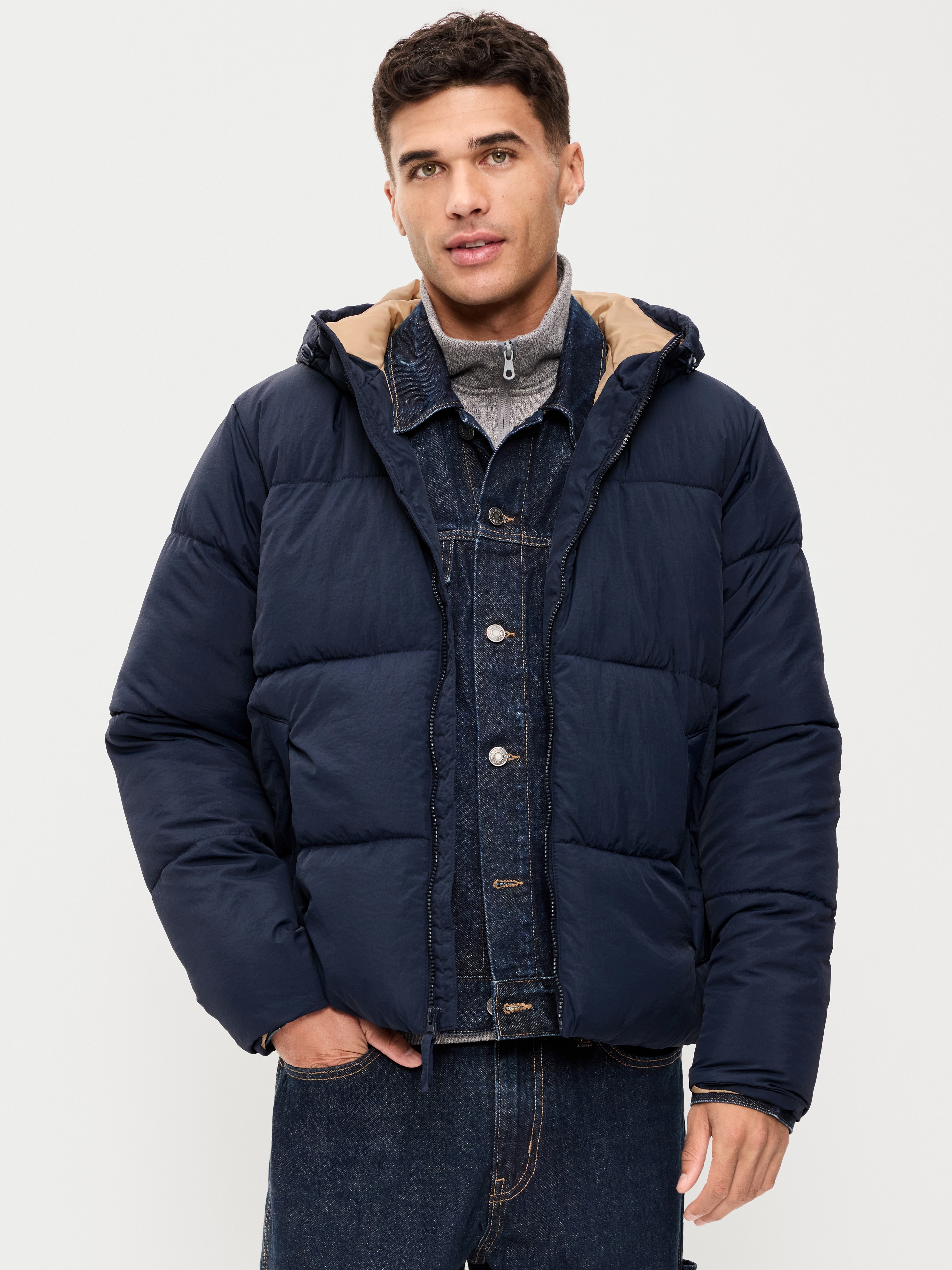 Water-Resistant Puffer Jacket - Navy Blue - 1