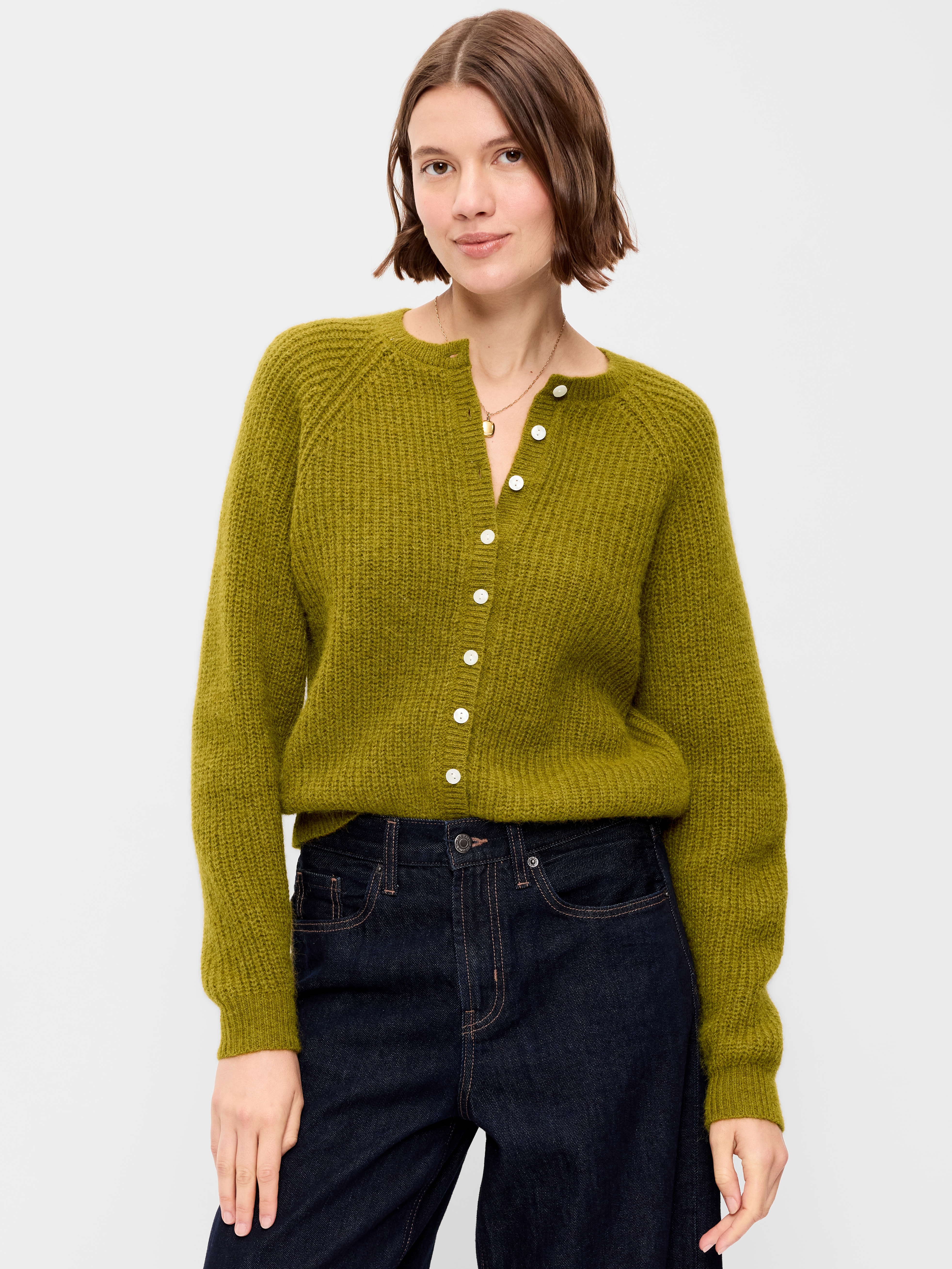 Cozy Crew-Neck Wool-Blend Cardigan - Mysterious Fern - 1
