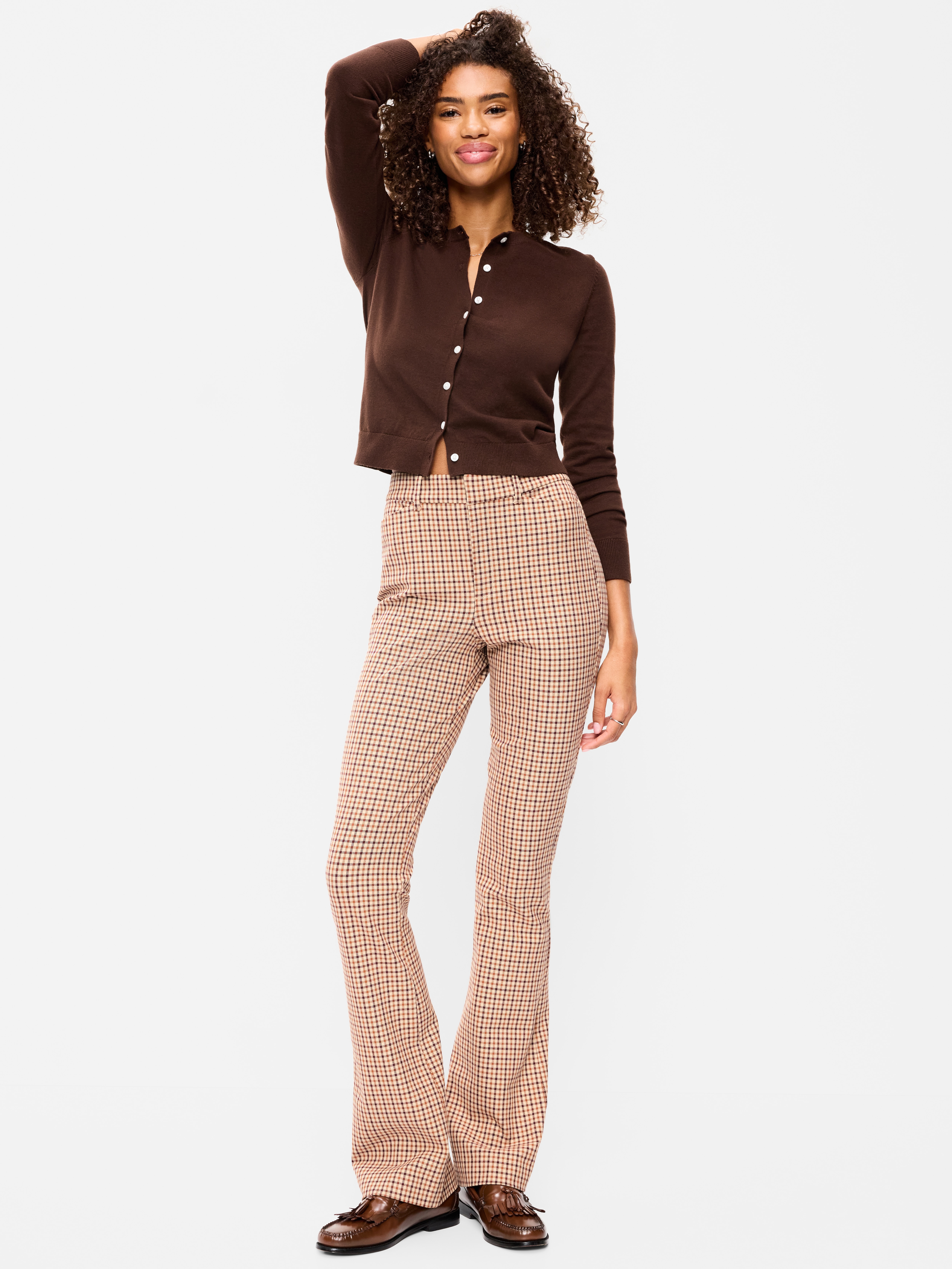 High-Waisted Pixie Flare Pants - Brown Plaid - 1