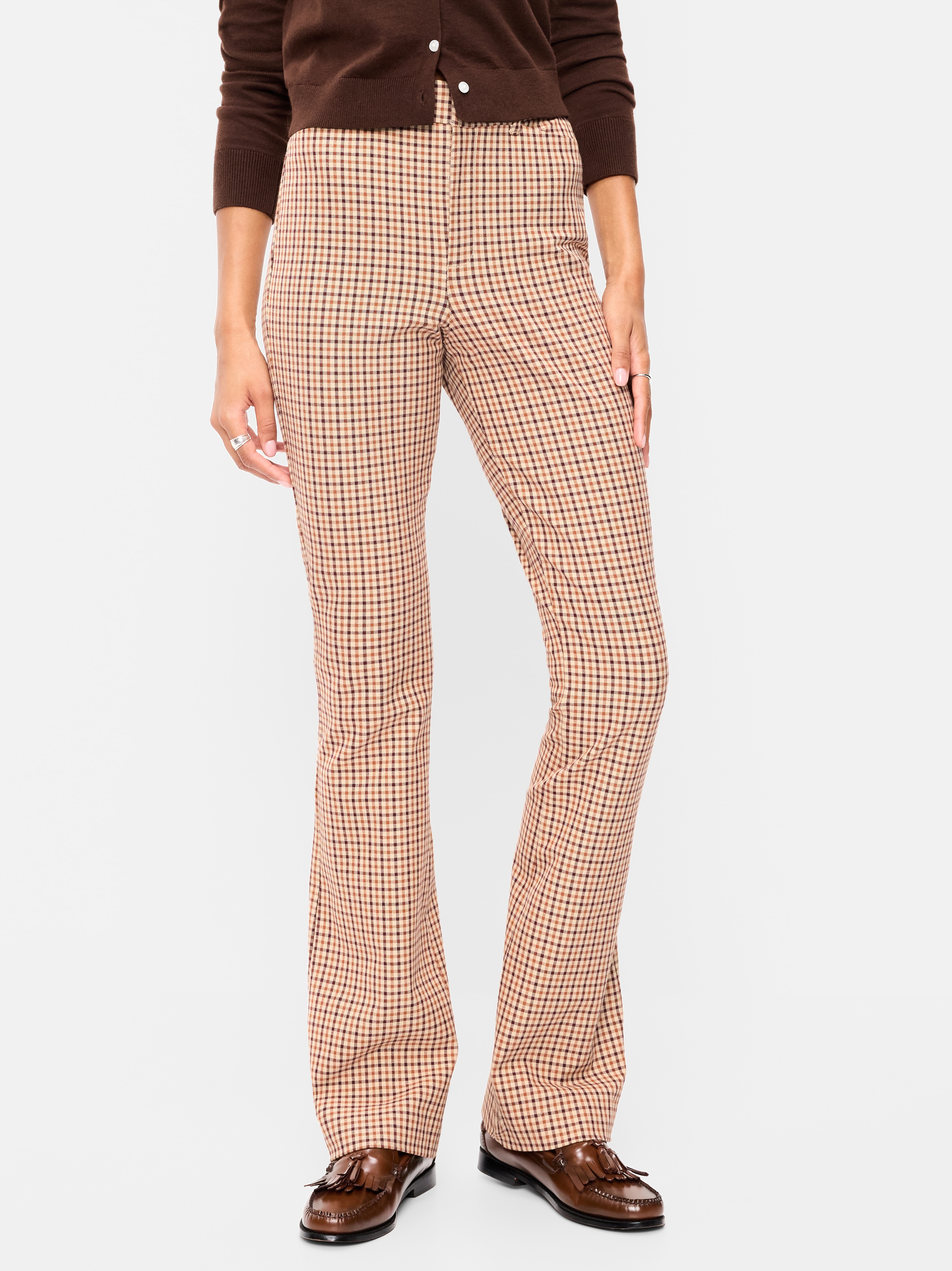 High-Waisted Pixie Flare Pants - Brown Plaid - 2