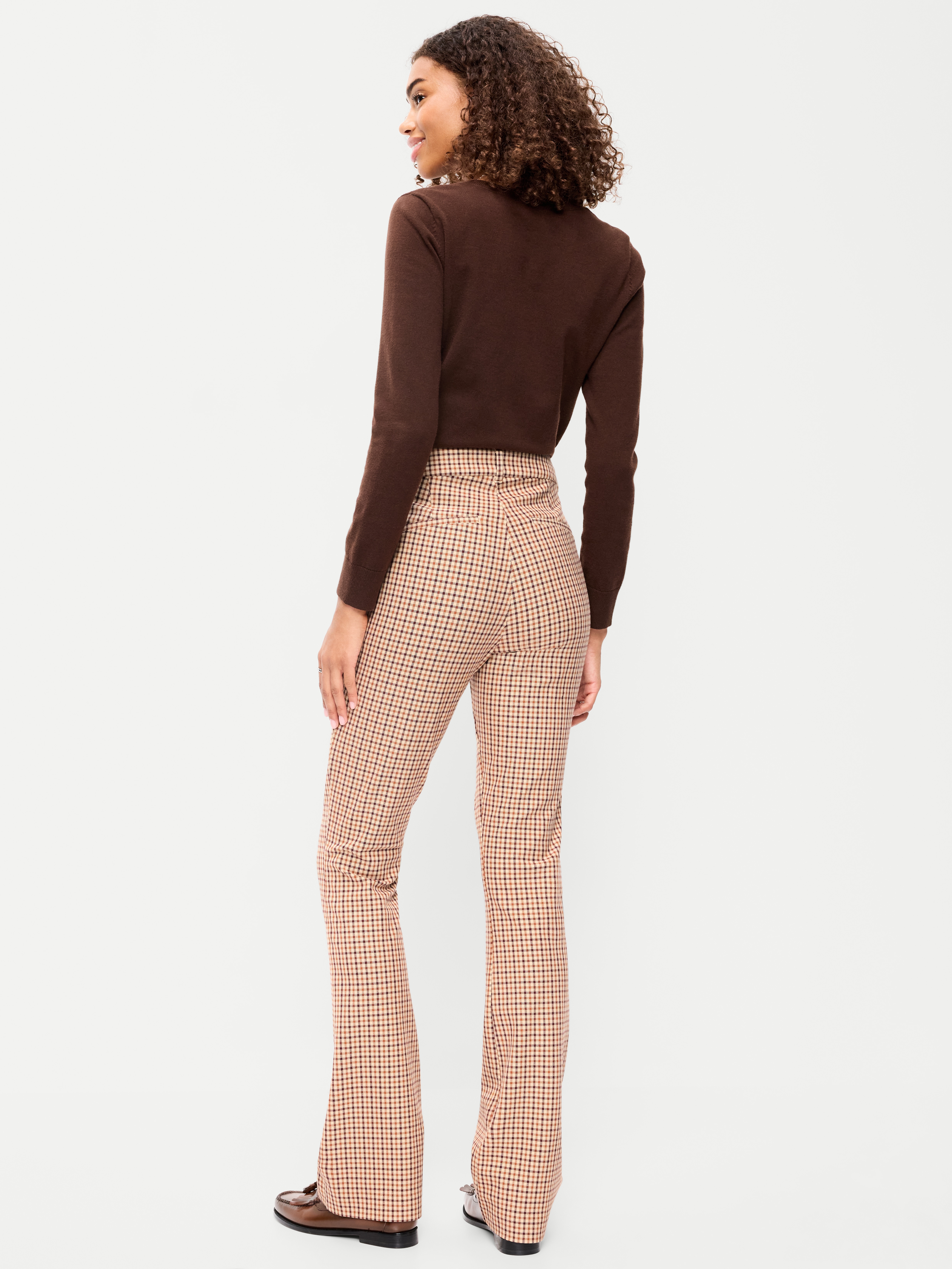 High-Waisted Pixie Flare Pants - Brown Plaid - 3