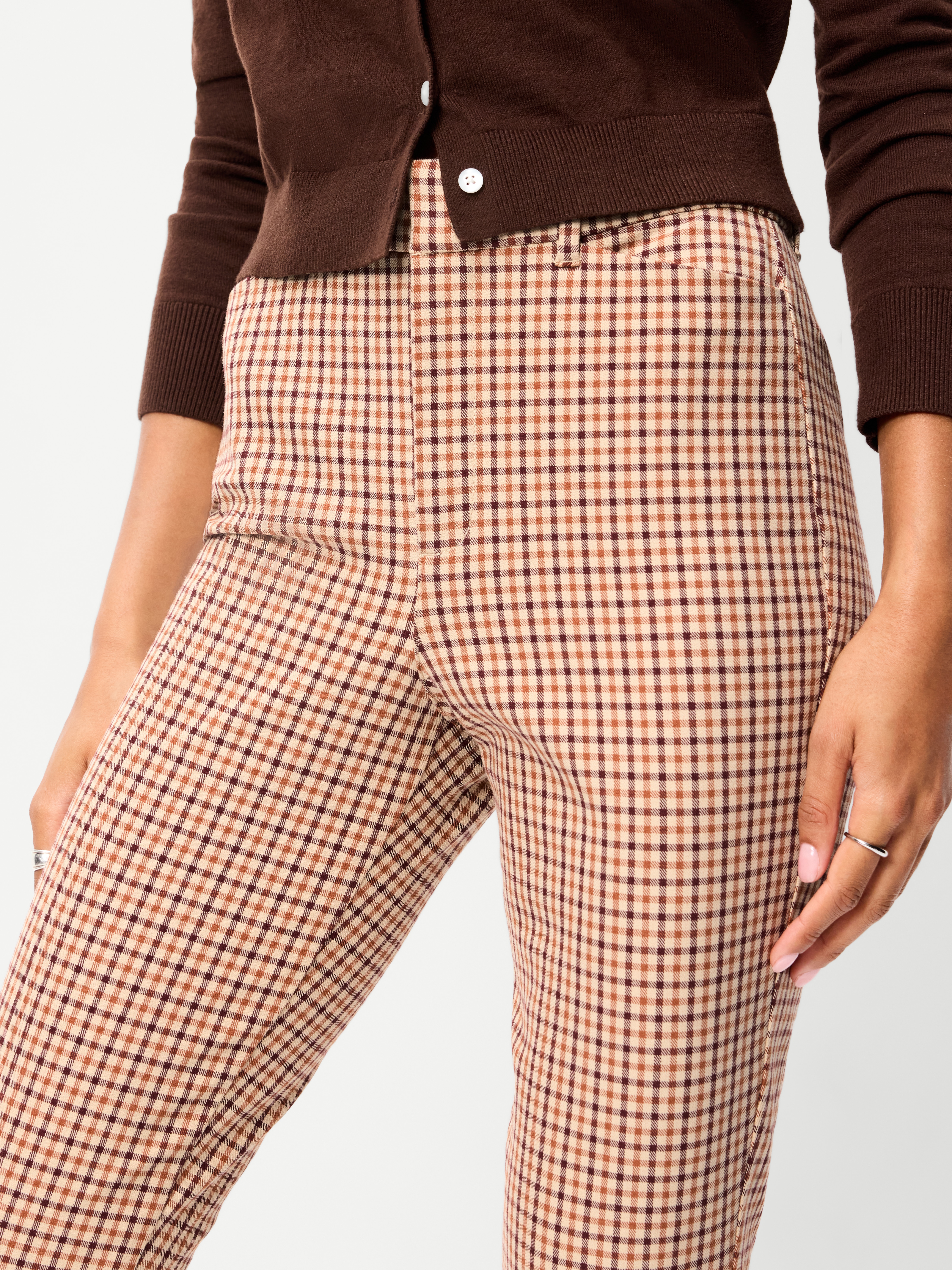 High-Waisted Pixie Flare Pants - Brown Plaid - 4