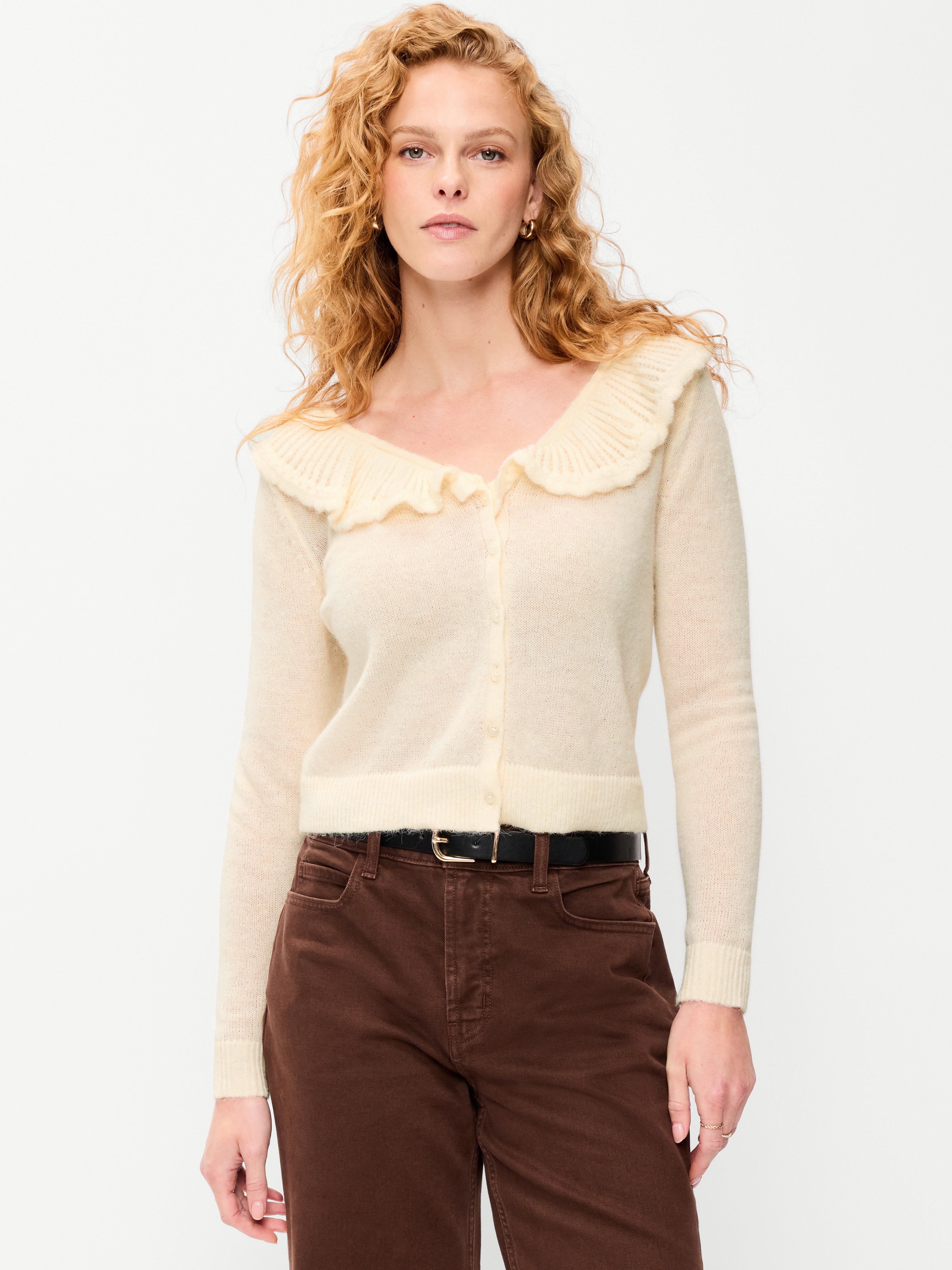 Ruffle-Collar Wool-Blend Pointelle Cardigan - Crème De La Crème - 1