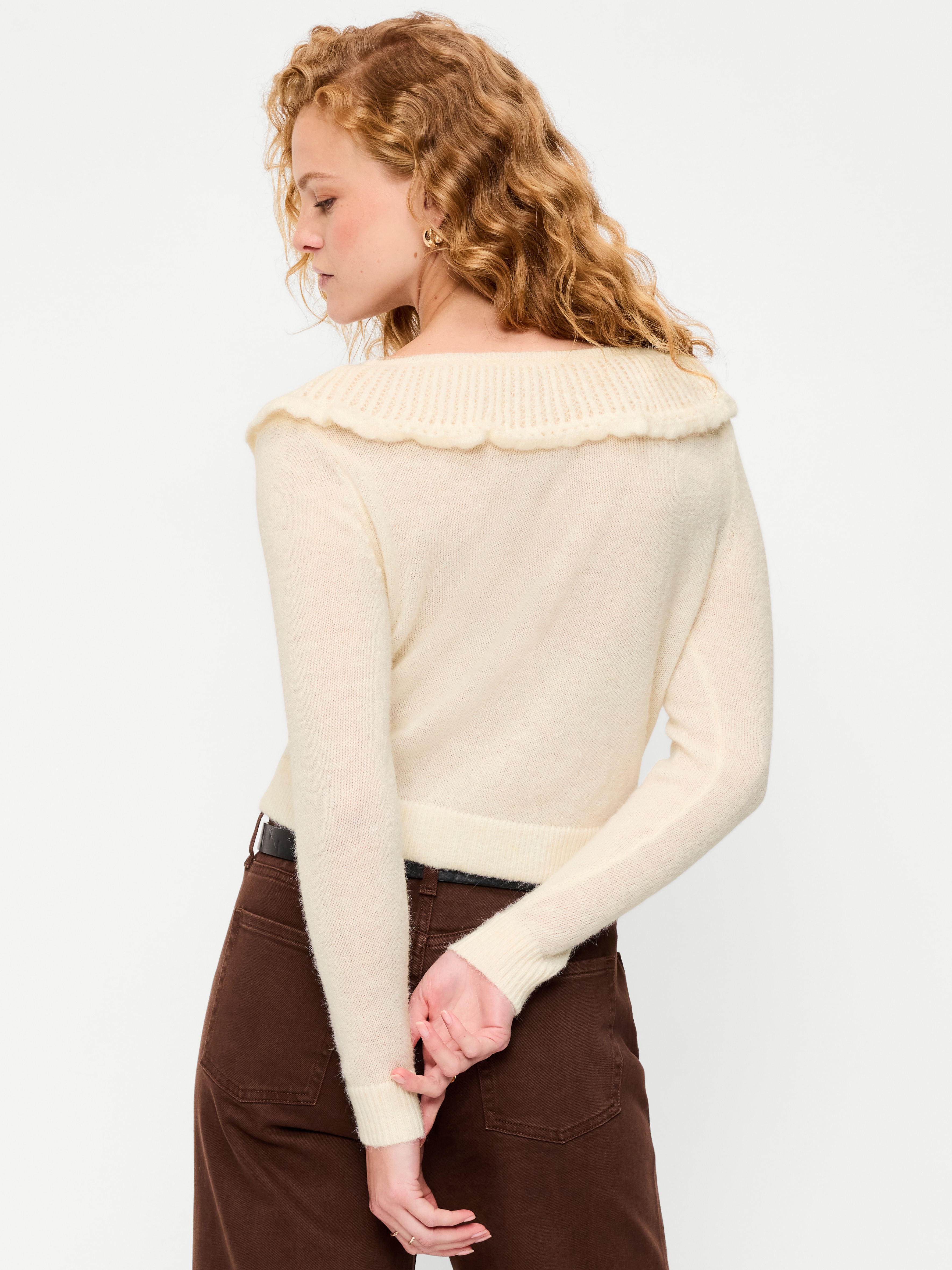 Ruffle-Collar Wool-Blend Pointelle Cardigan - Crème De La Crème - 2