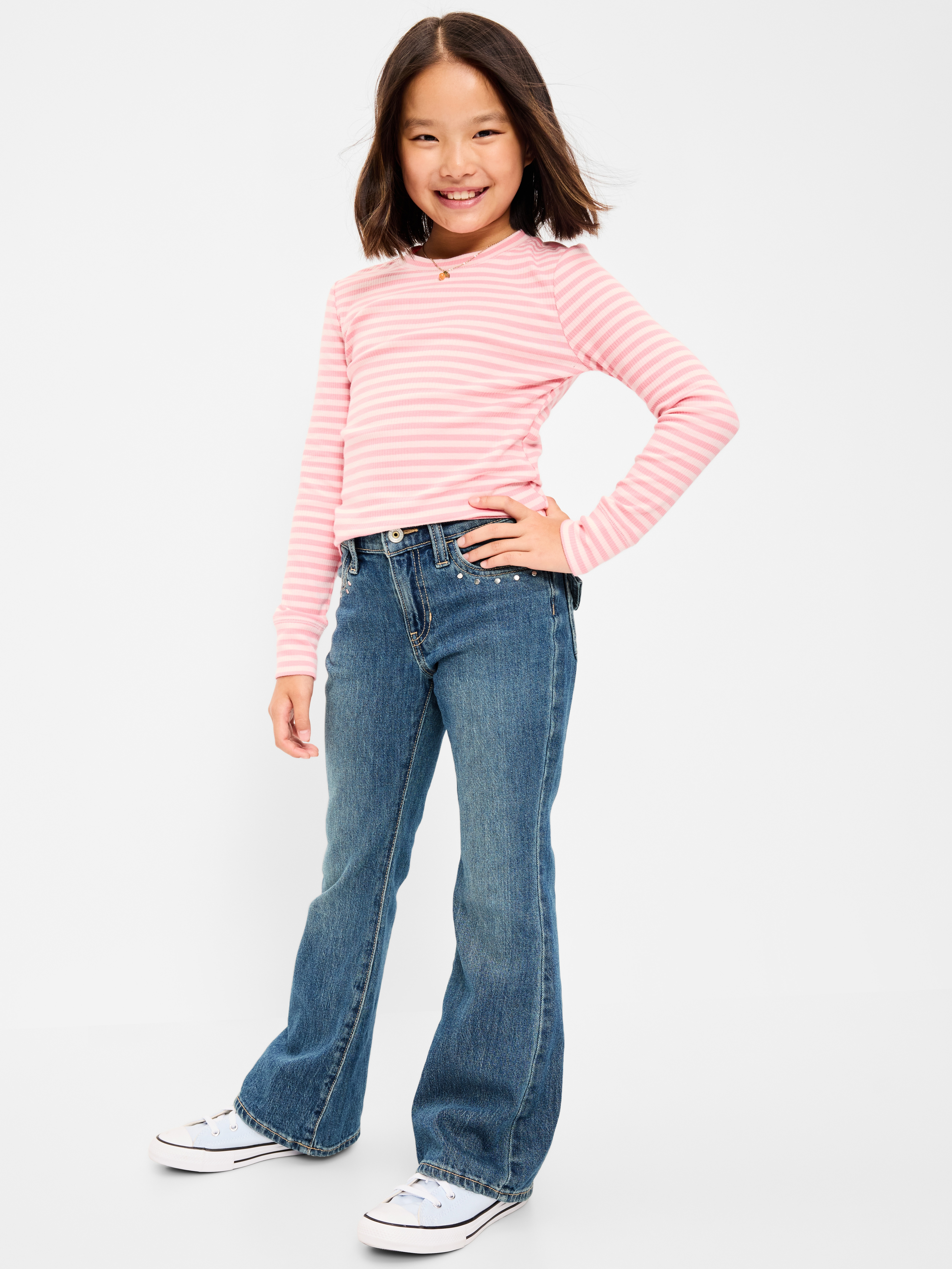 Low-Rise Flare-Leg Jeans for Girls - Medium Wash (Studded) - 3