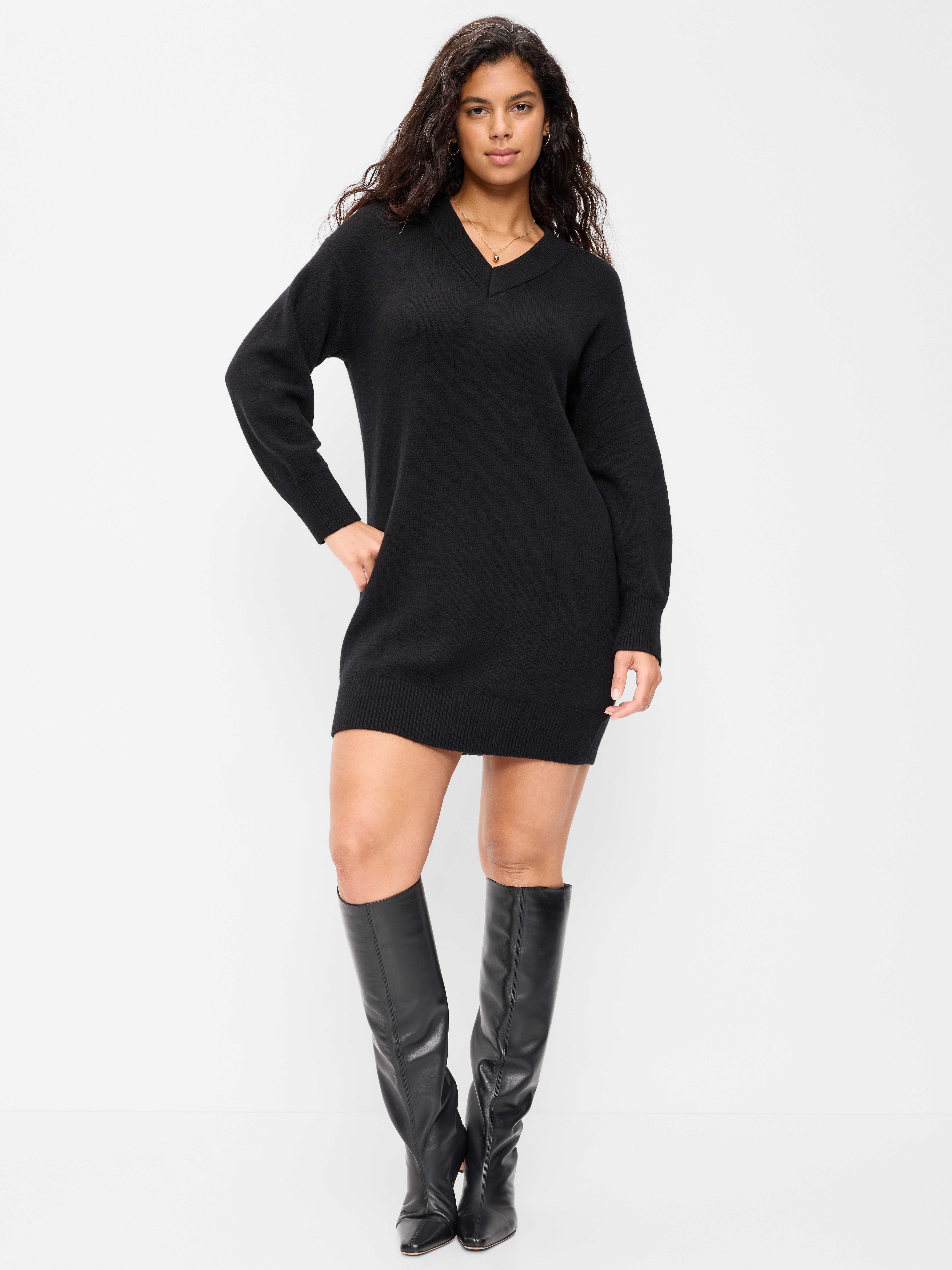 SoSoft Long-Sleeve V-Neck Mini Sweater Dress - Black Jack - 6