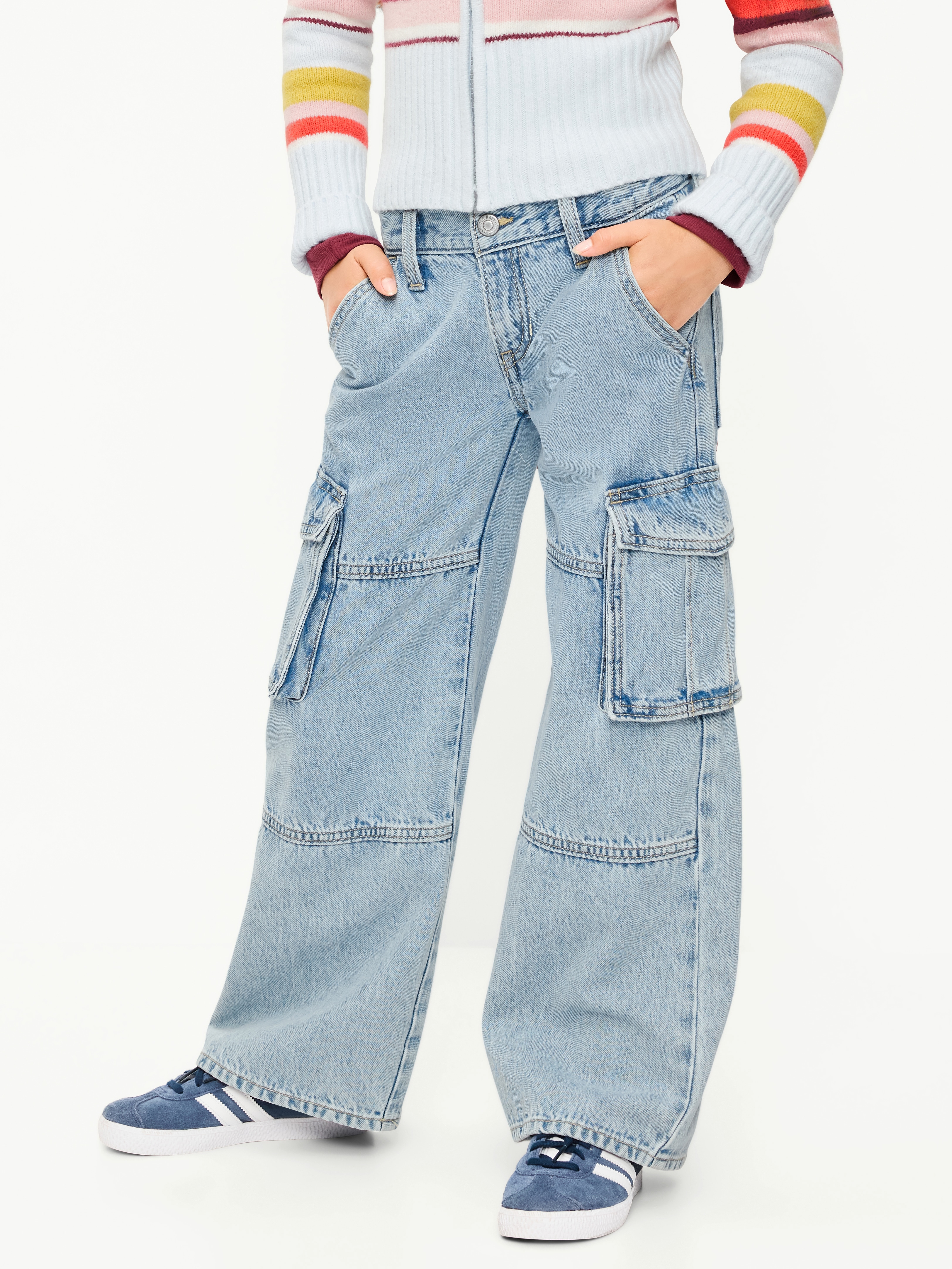 Low-Rise Super Baggy Wide-Leg Cargo Jeans for Girls - Light Wash - 1