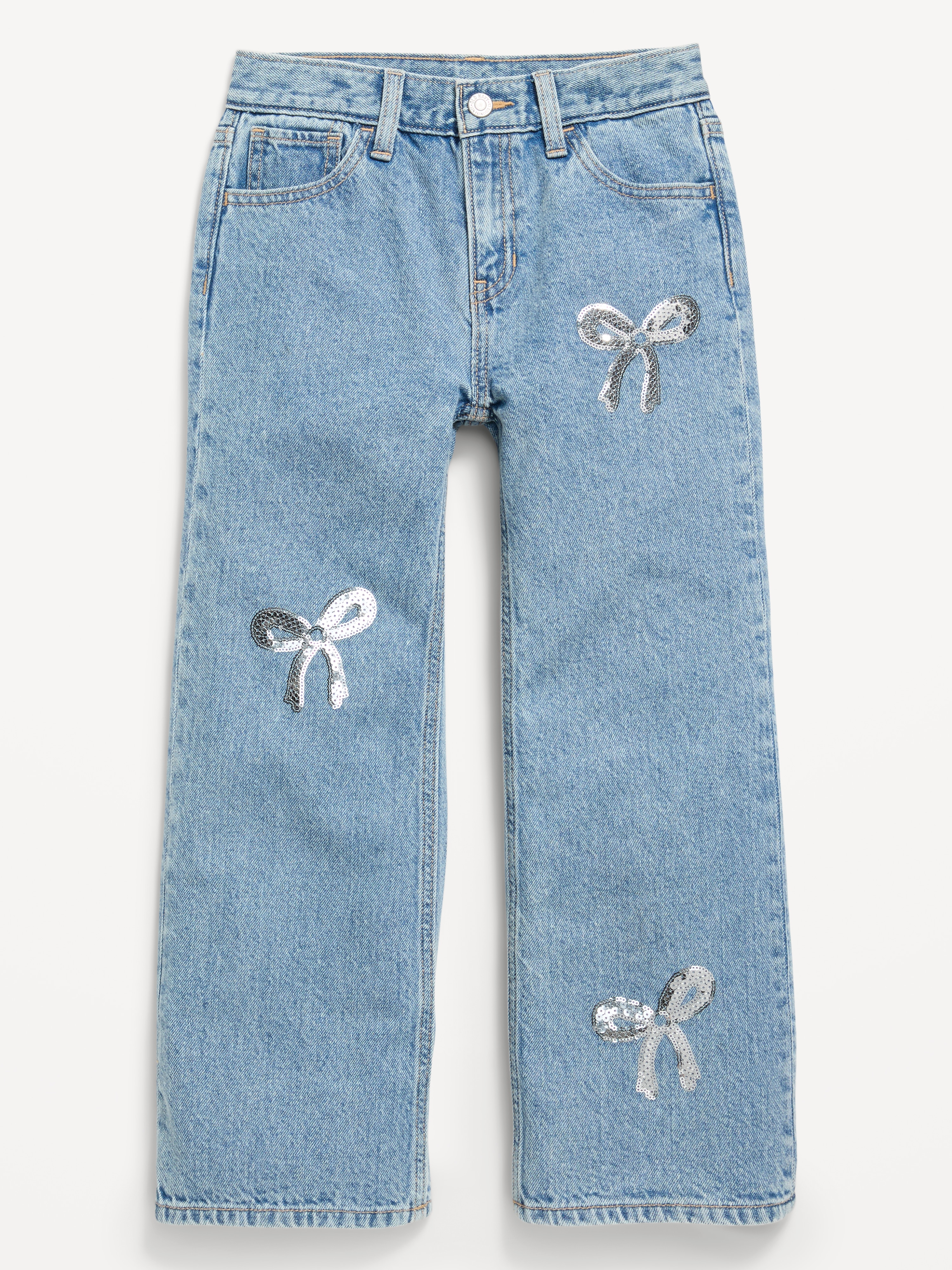 Printed High-Waisted Baggy Wide-Leg Jeans for Girls - Light Wash (Shiny Bows) - 4