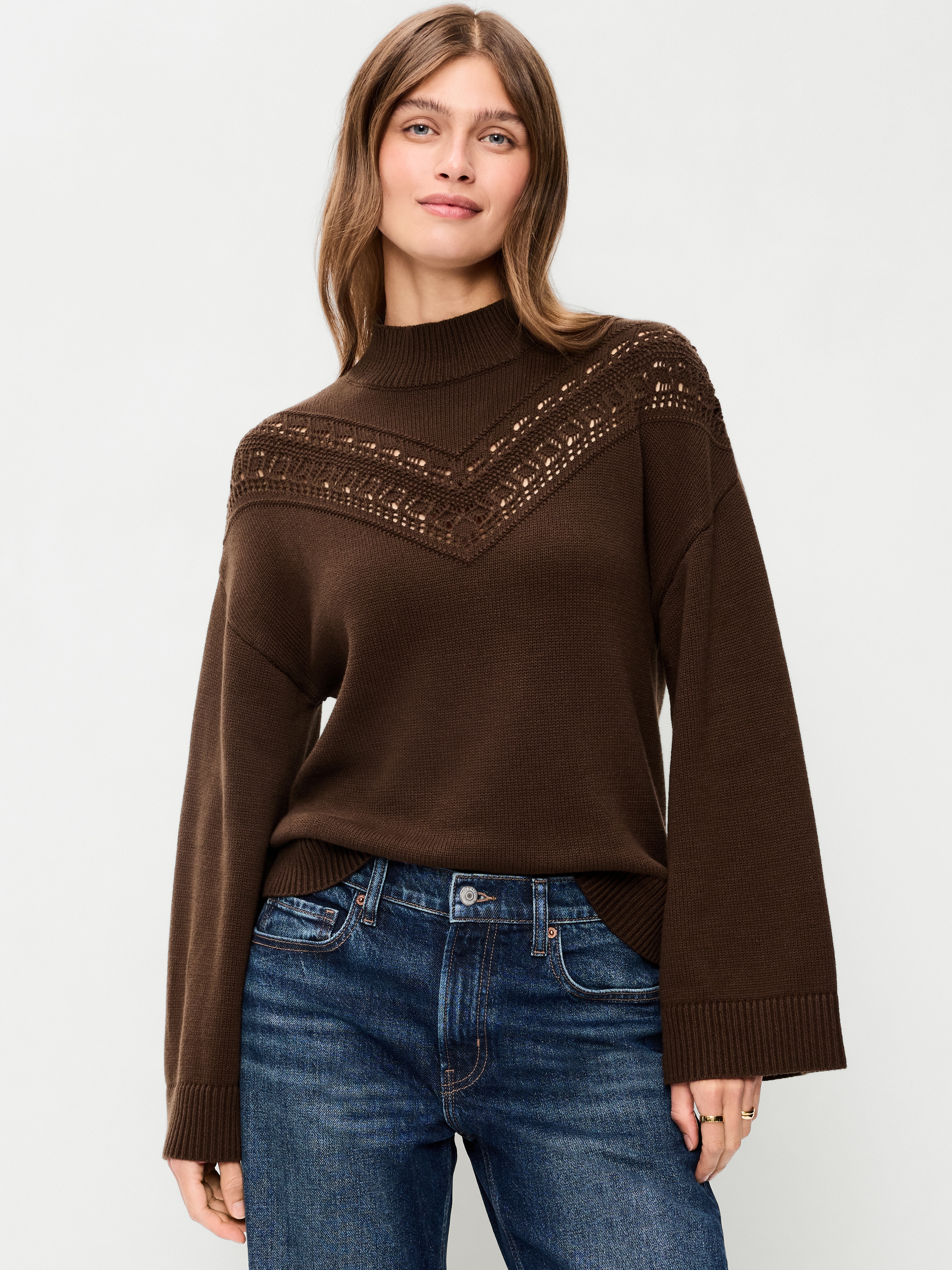 Seaside Cotton Mock-Neck Lace Inset Sweater - Earthen - 1