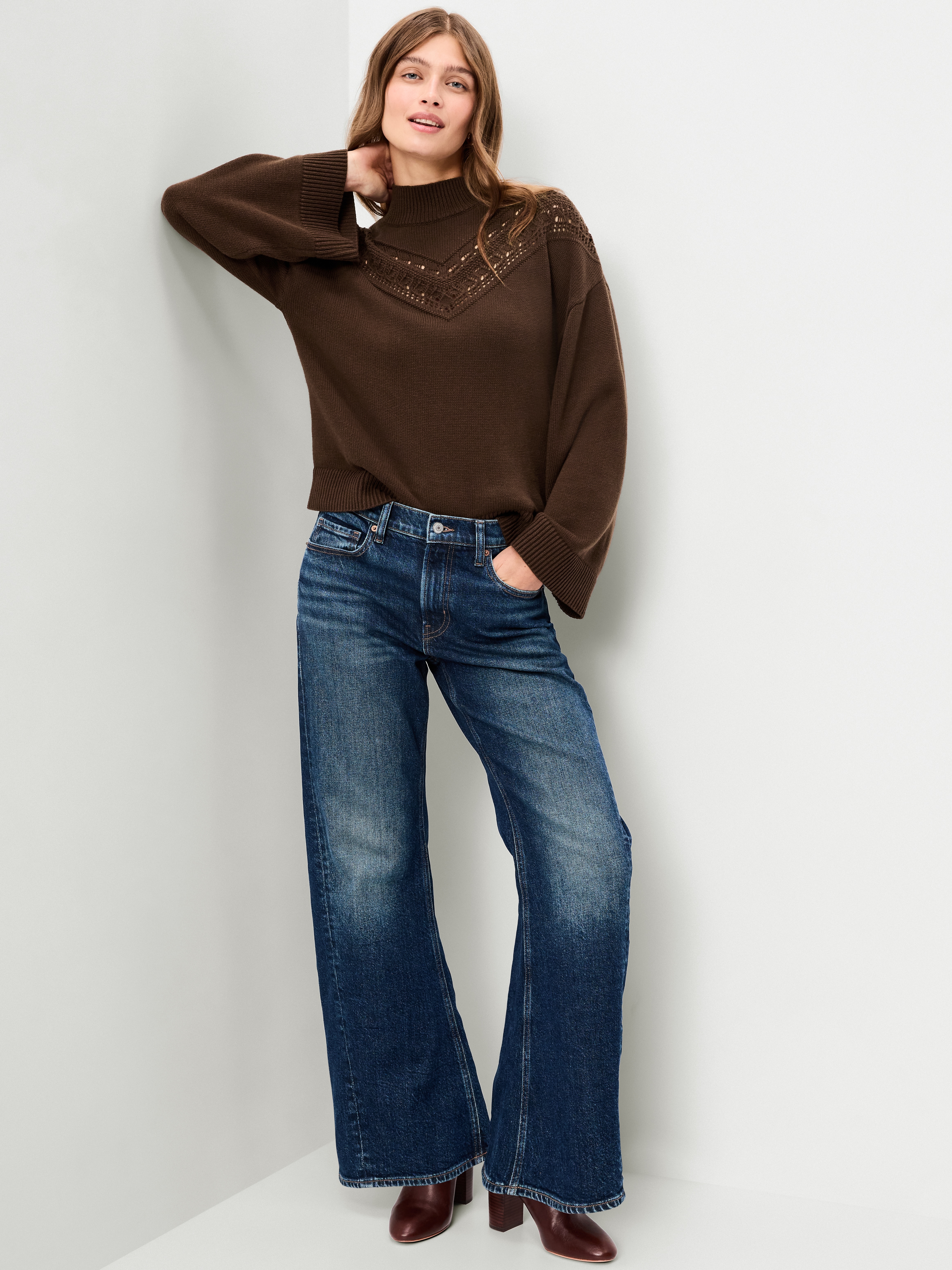 Seaside Cotton Mock-Neck Lace Inset Sweater - Earthen - 3
