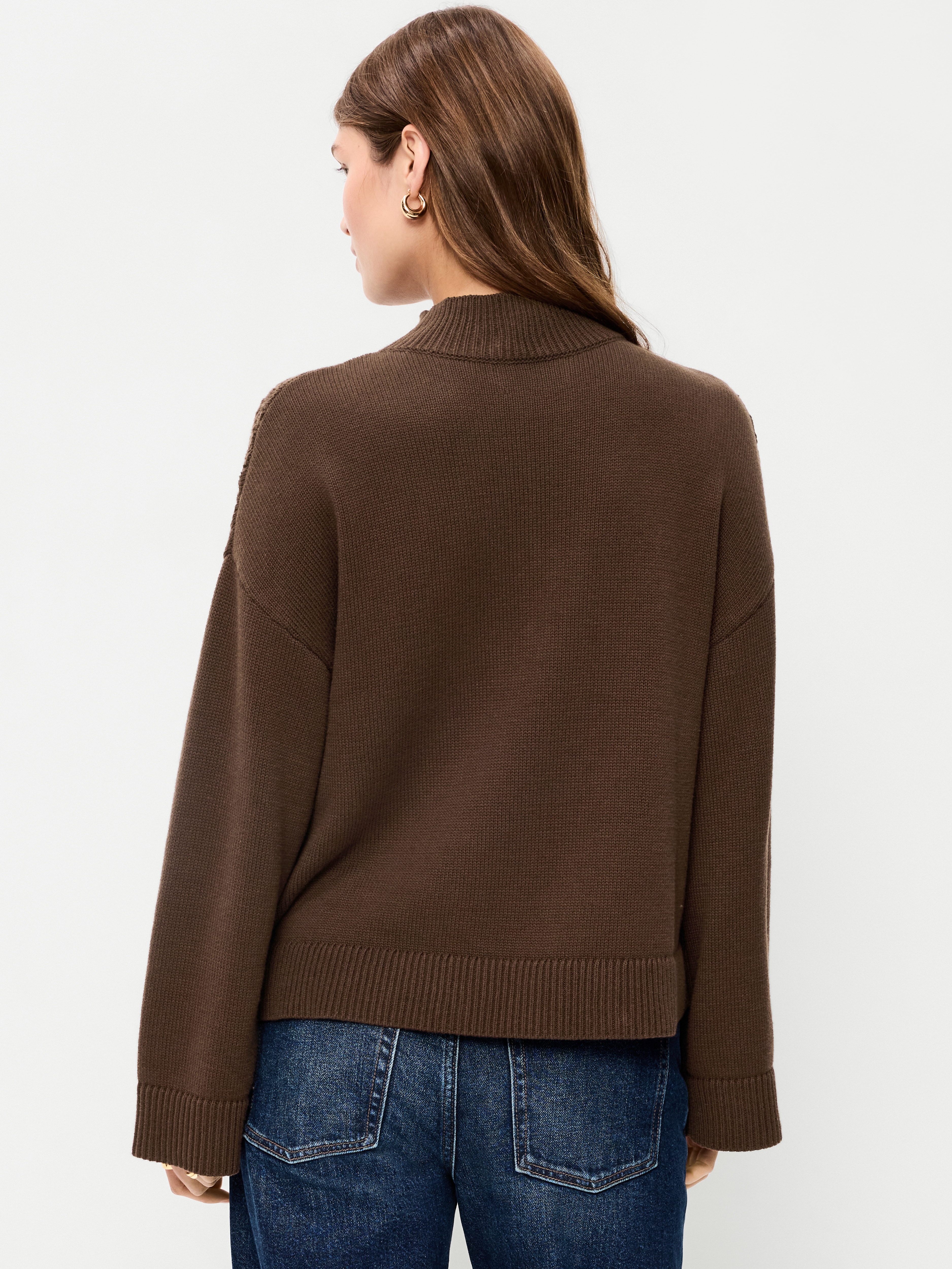 Seaside Cotton Mock-Neck Lace Inset Sweater - Earthen - 2