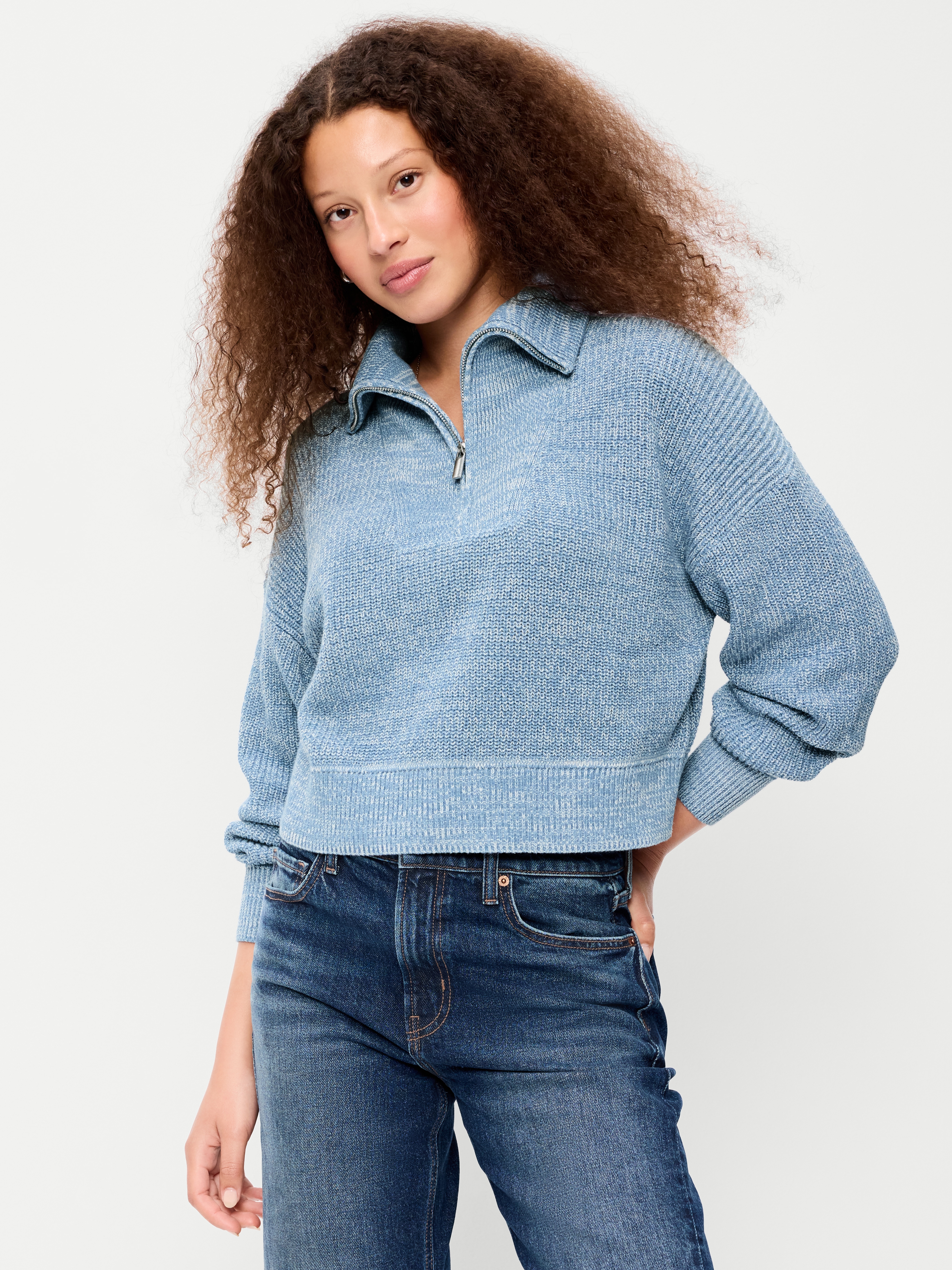 Seaside Cotton Shaker Oversized Half-Zip Sweater - Naturalist Blue - 1
