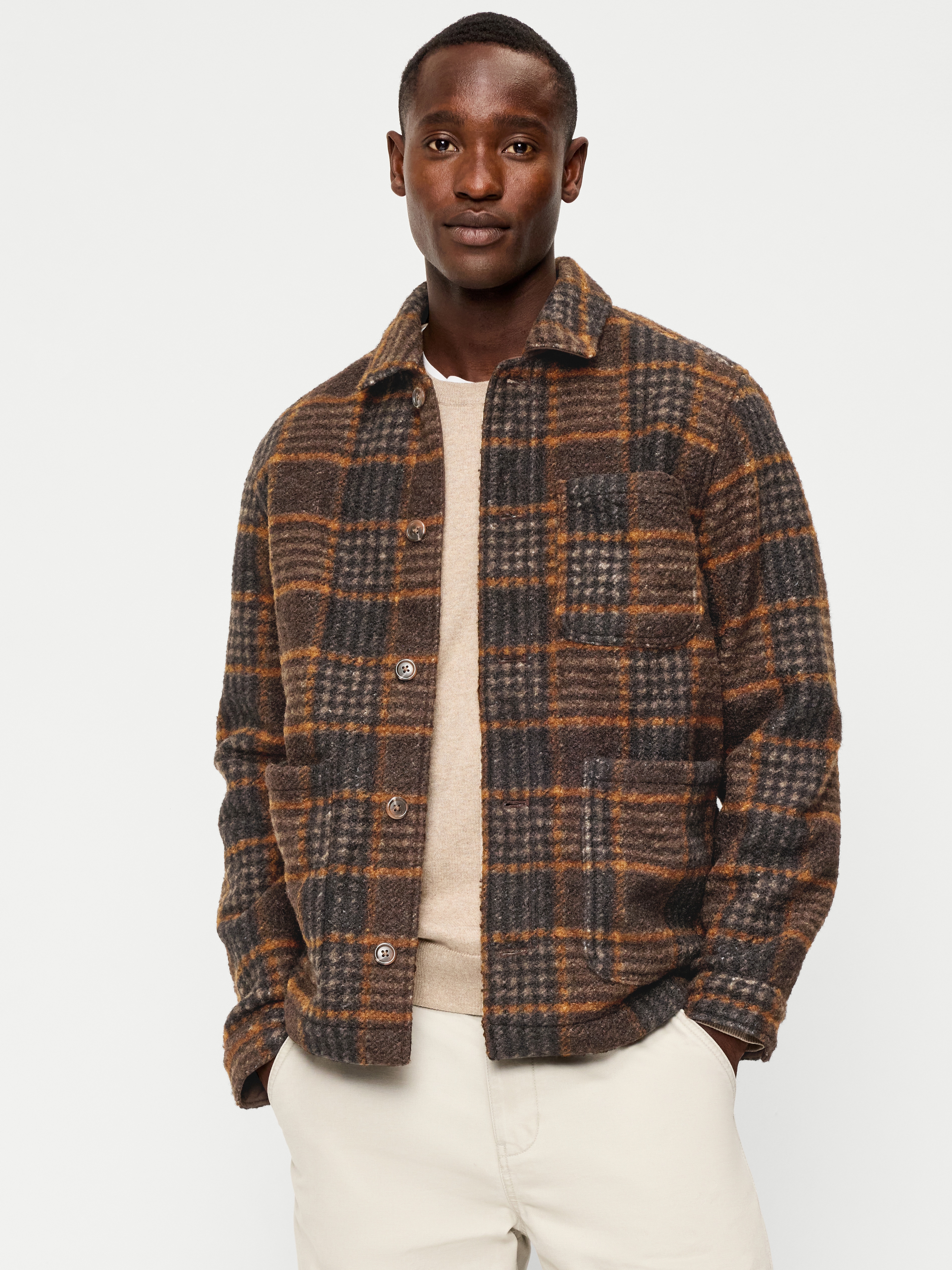 Wool-Blend Chore Jacket - Brown Plaid - 1