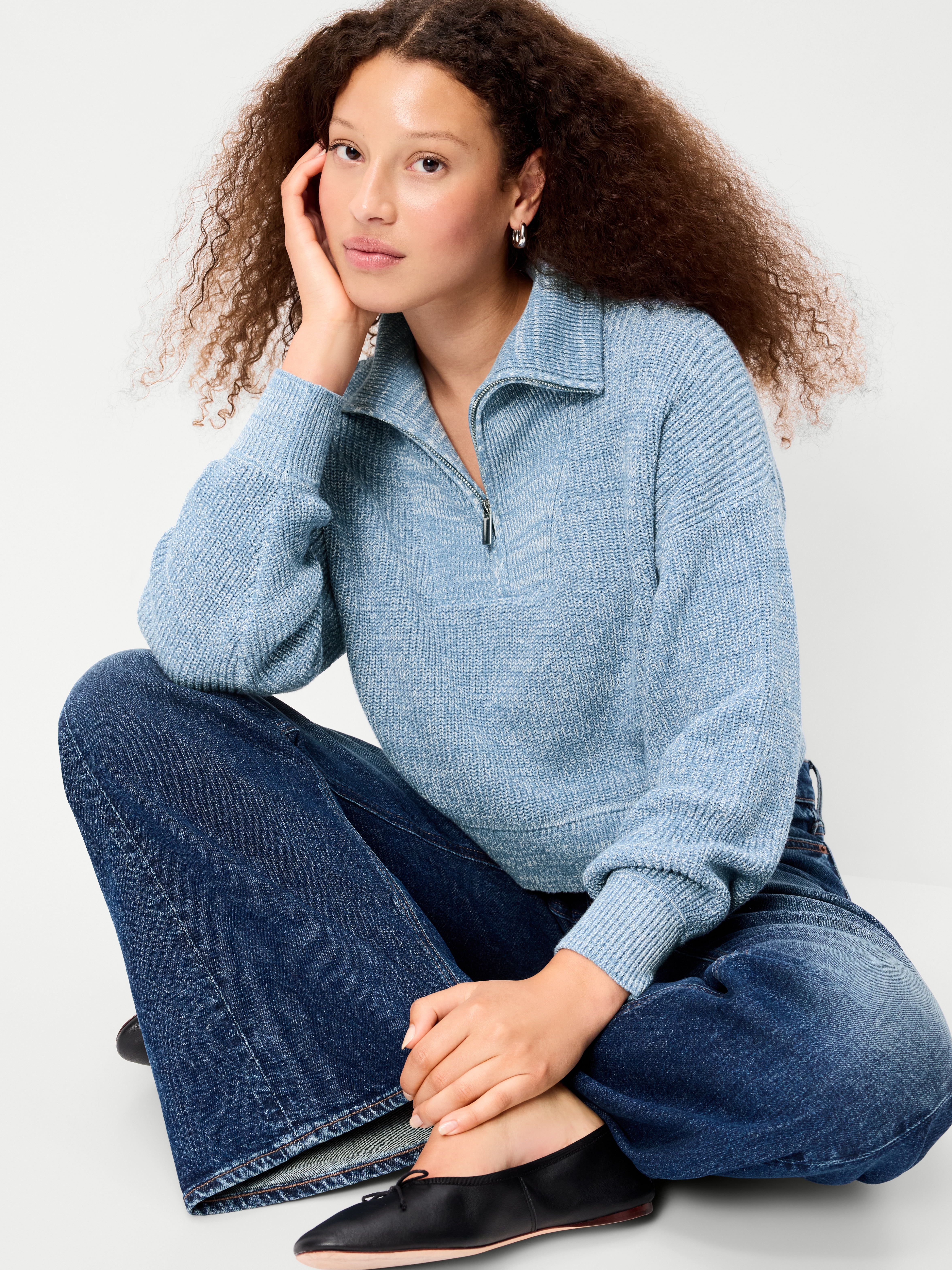 Seaside Cotton Shaker Oversized Half-Zip Sweater - Naturalist Blue - 3