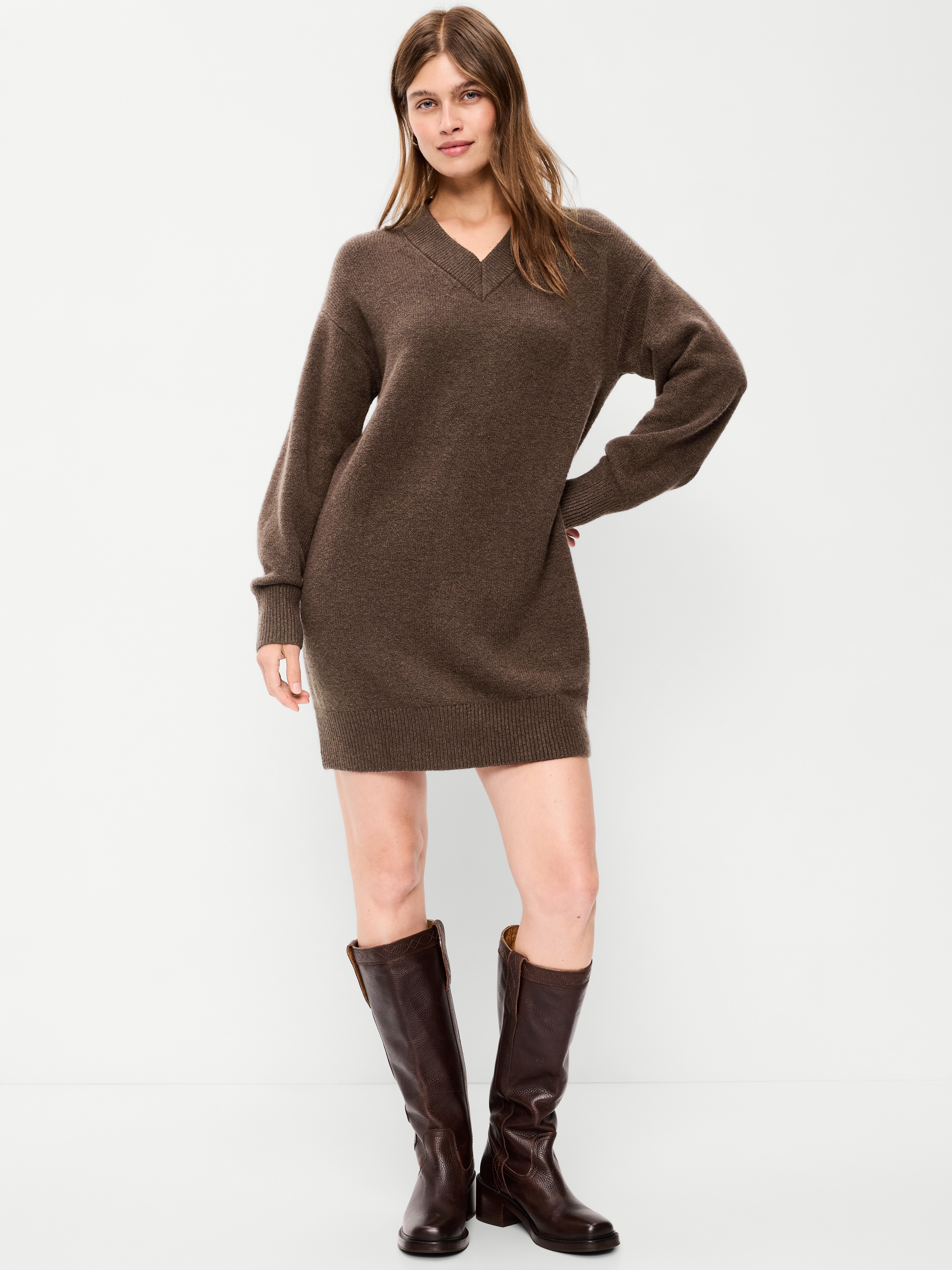 SoSoft Long-Sleeve V-Neck Mini Sweater Dress - Earthen - 1