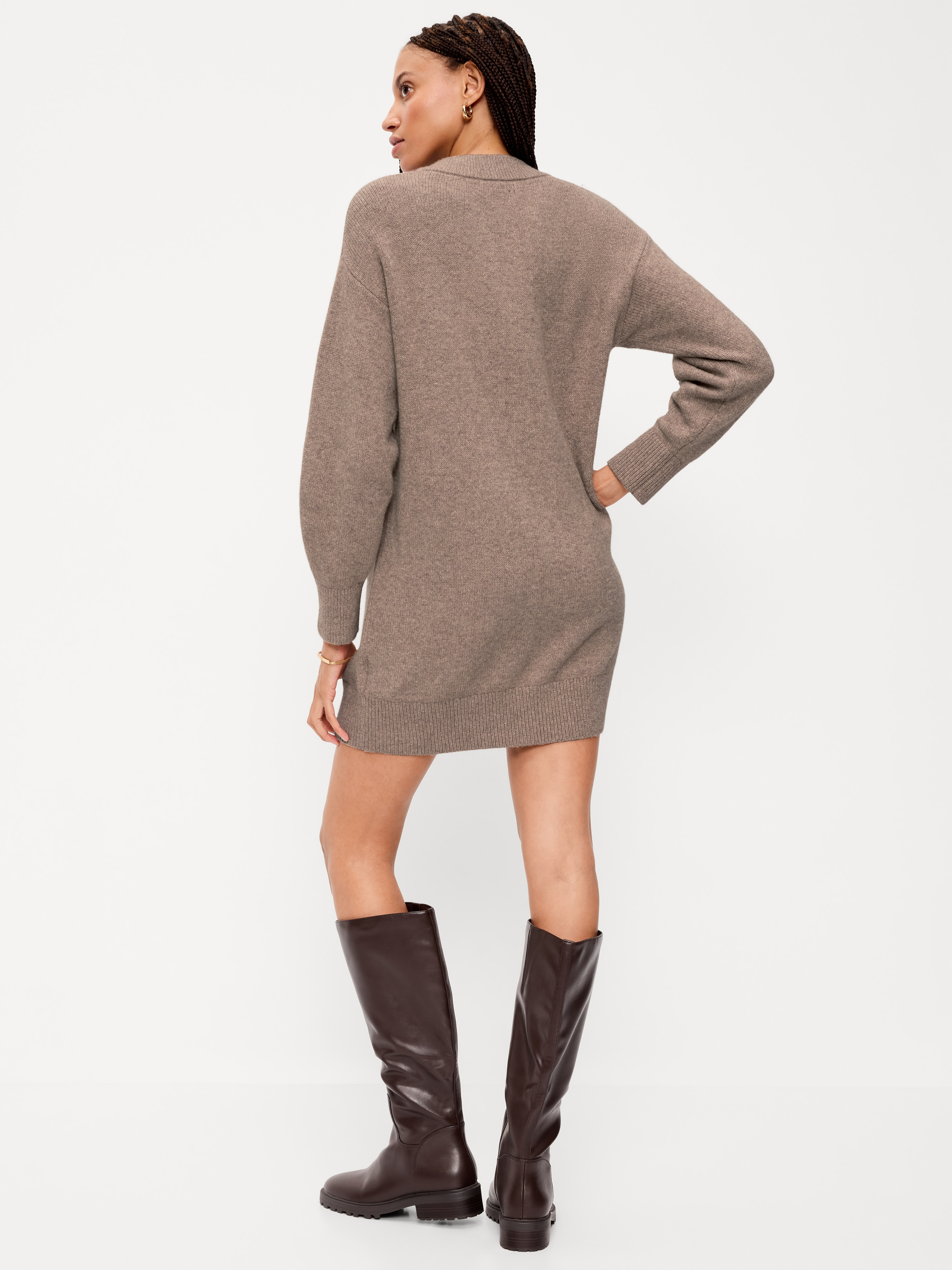 SoSoft Long-Sleeve V-Neck Mini Sweater Dress - Mushroom - 2