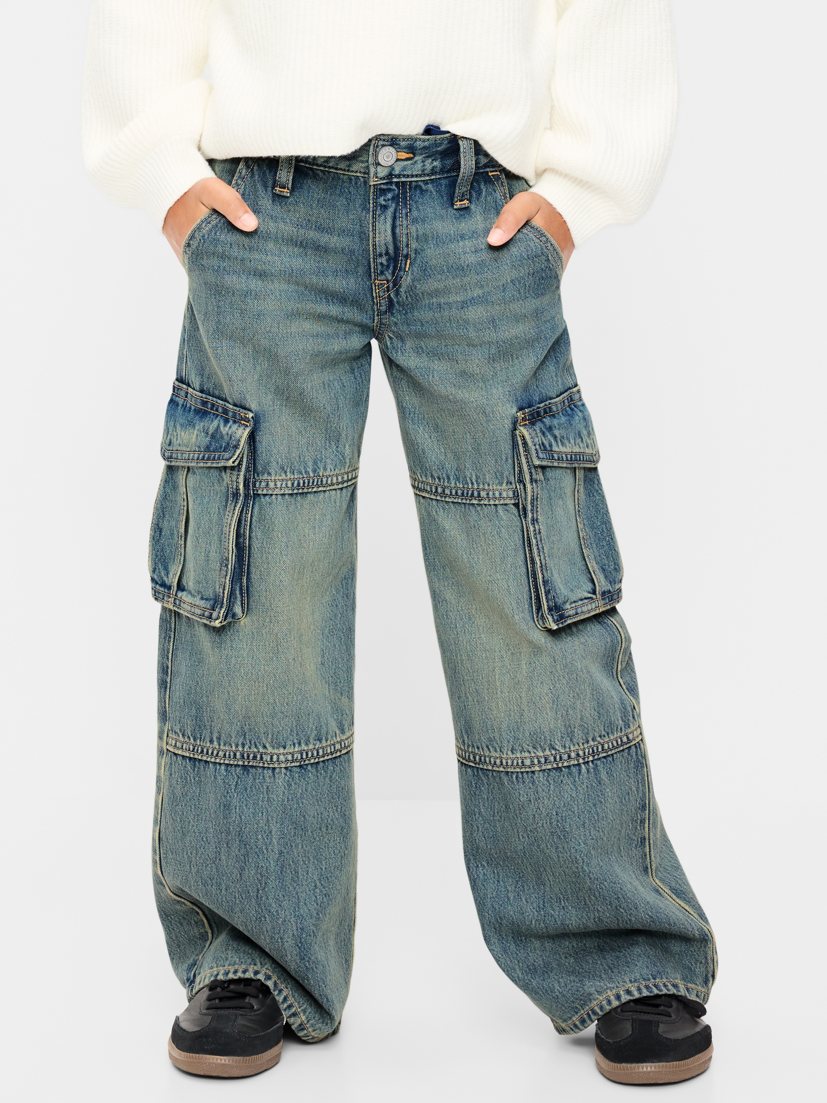 Low-Rise Super Baggy Wide-Leg Cargo Jeans for Girls - Medium Wash - 1