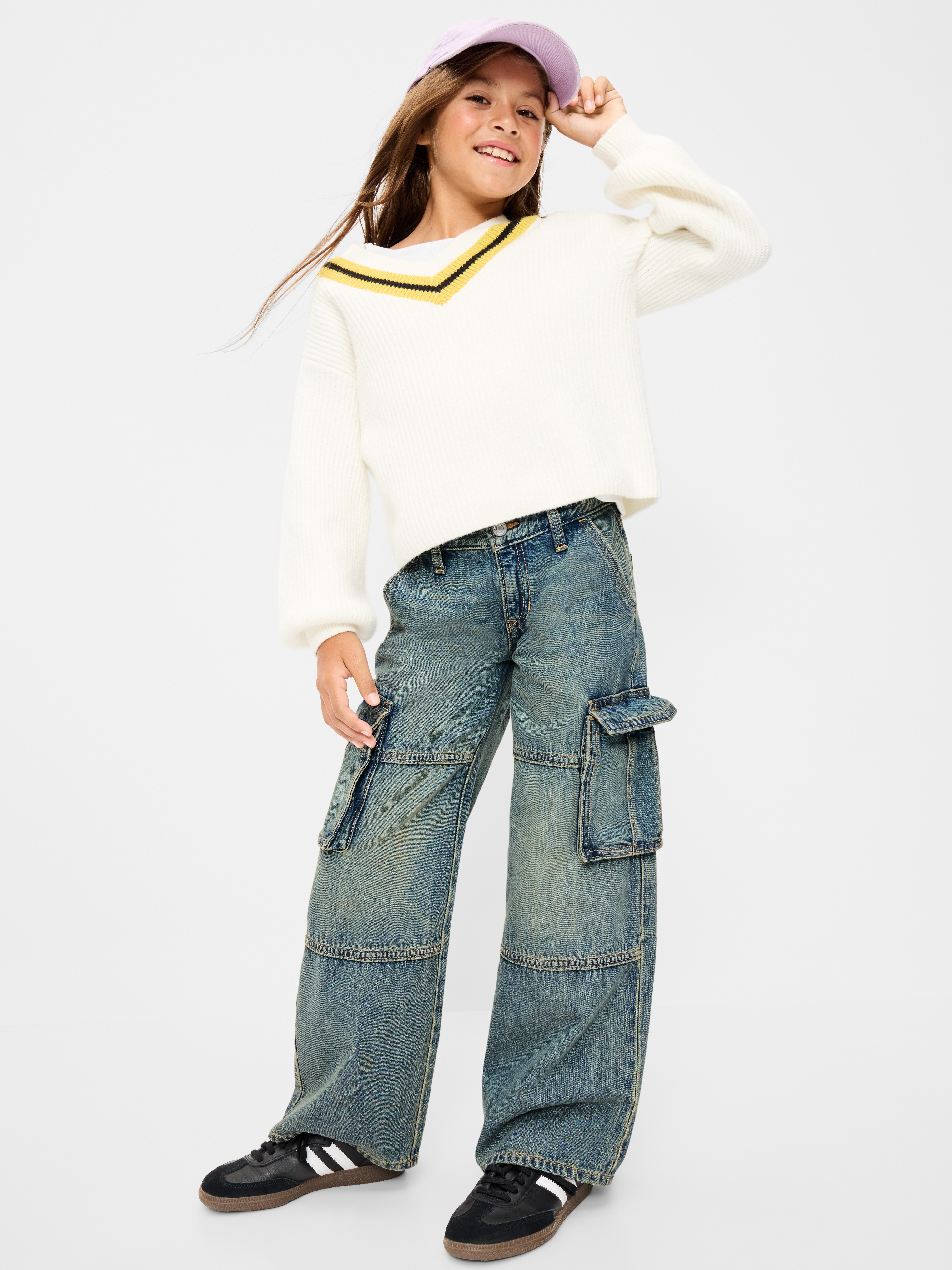 Low-Rise Super Baggy Wide-Leg Cargo Jeans for Girls - Medium Wash - 3
