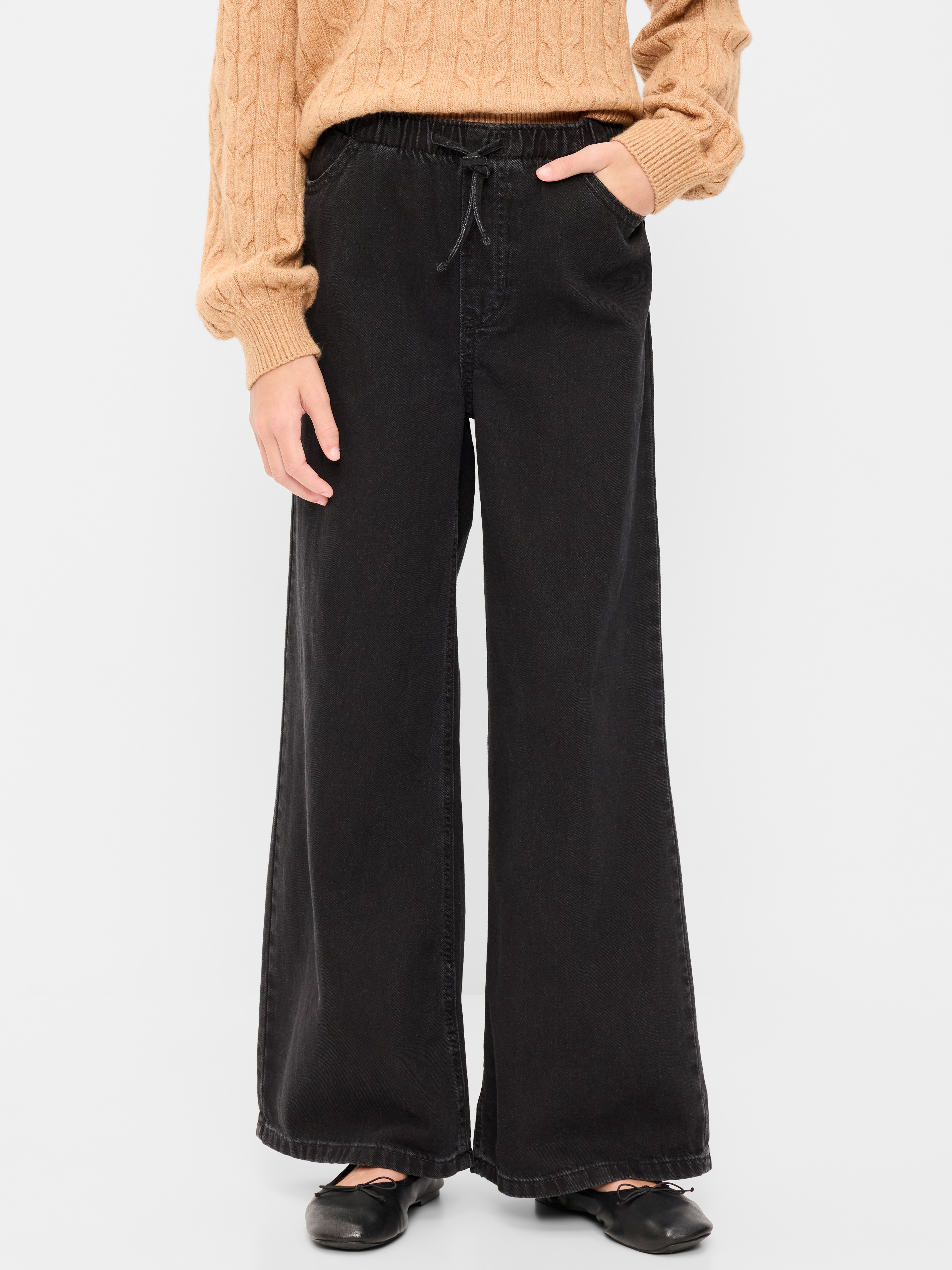 High-Waisted Pull-On Baggy Wide-Leg Jeans for Girls - Black Wash - 1